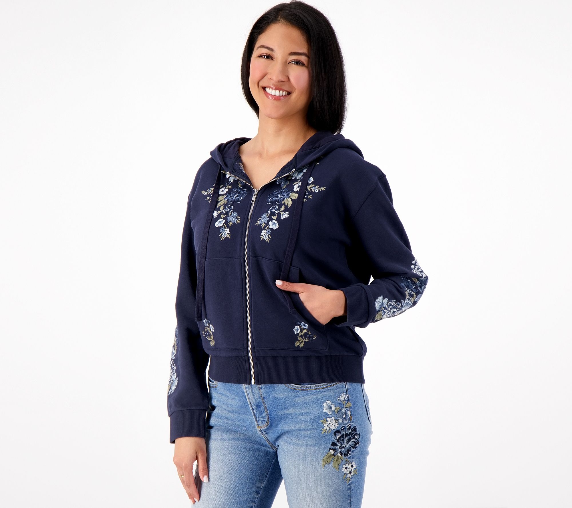Driftwood Jeans Embroidered Hoodie- Fleur Bell Zip-Up Blue