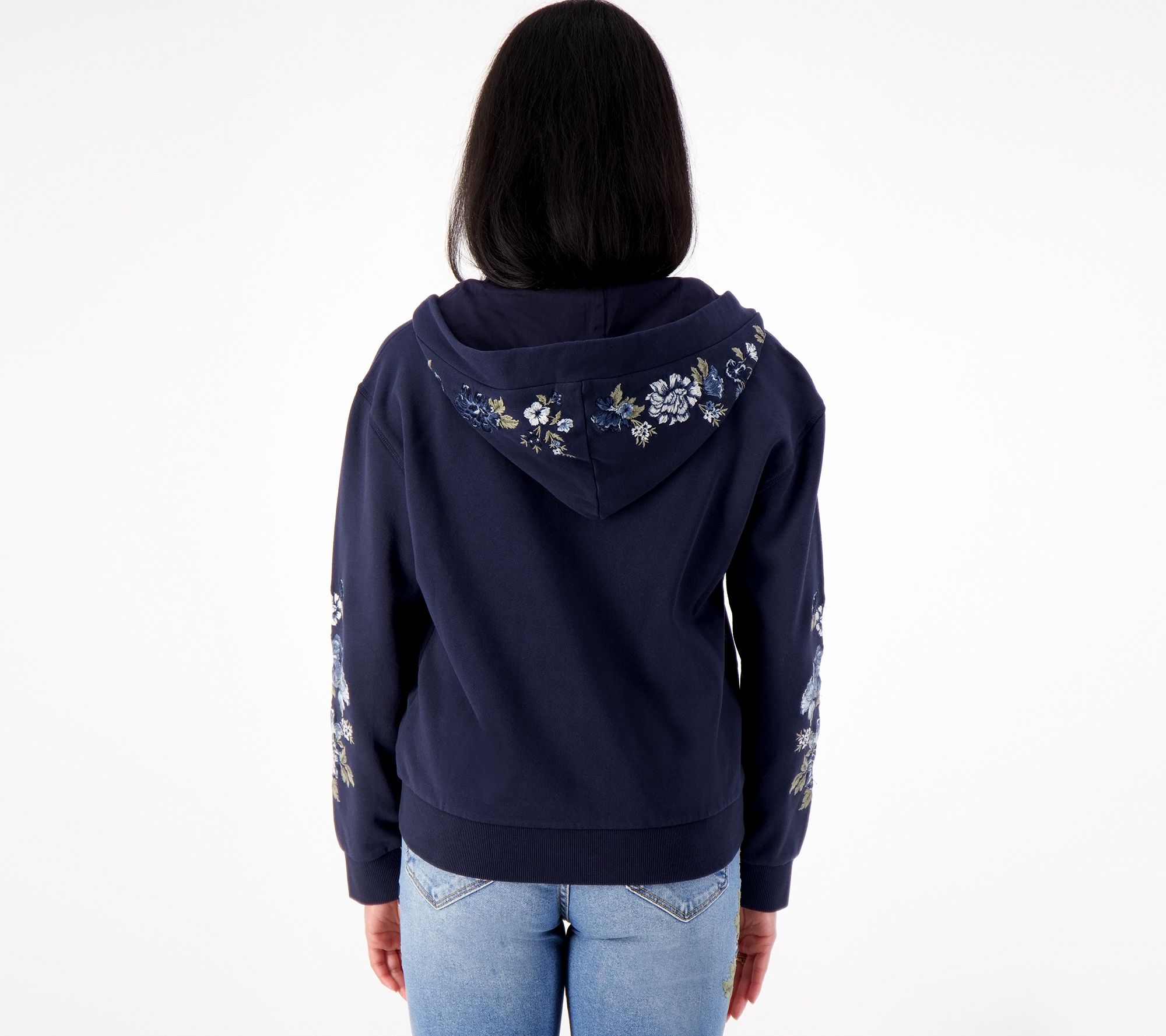 Driftwood Jeans Bell Zip-Up Embroidered Hoodie- Fleur Blue