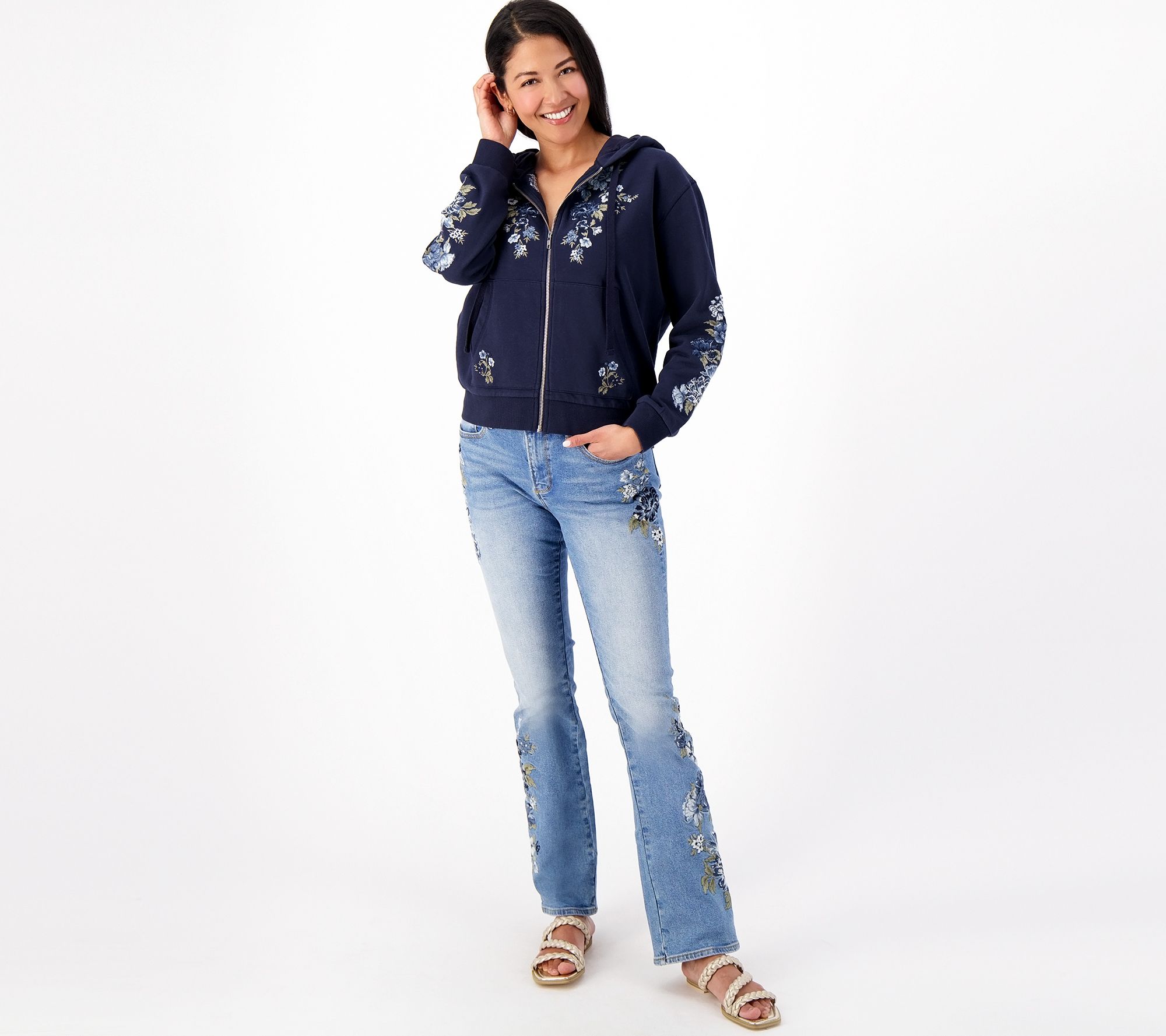 Jeans Driftwood Hoodie- Fleur Zip-Up Bell Blue Embroidered