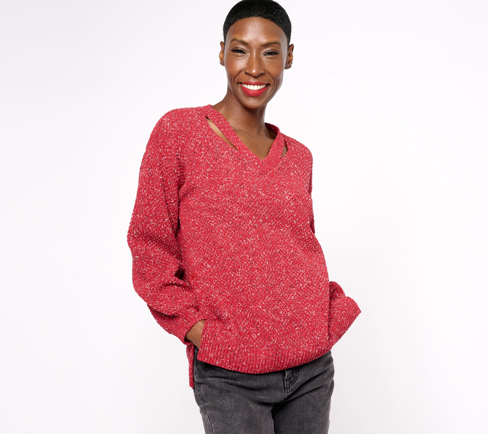 AnyBody V-Neck Sweater with Cutout Detail