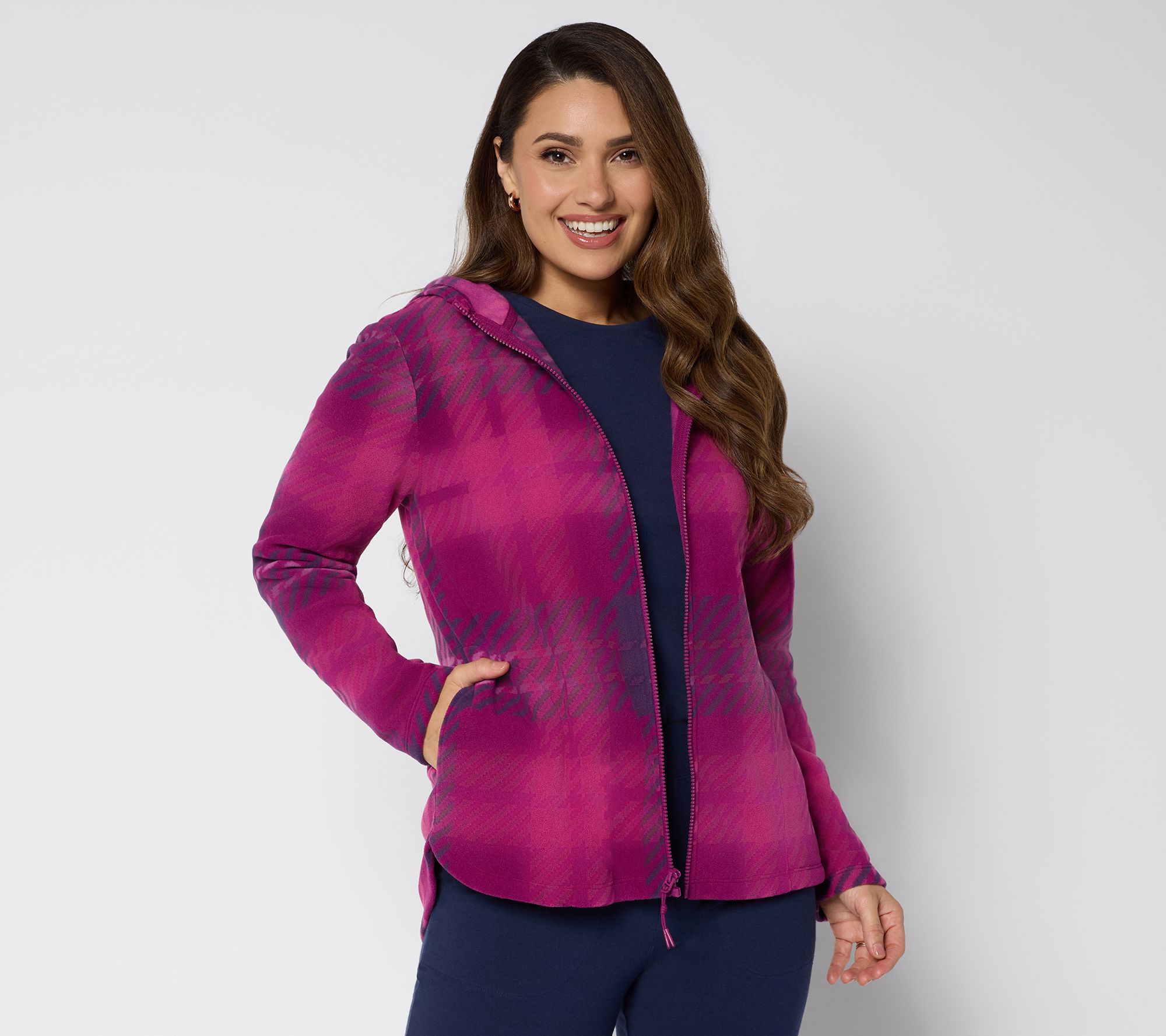 Denim & Co. Active Fleece Printed Zip Front Hooded Jacket