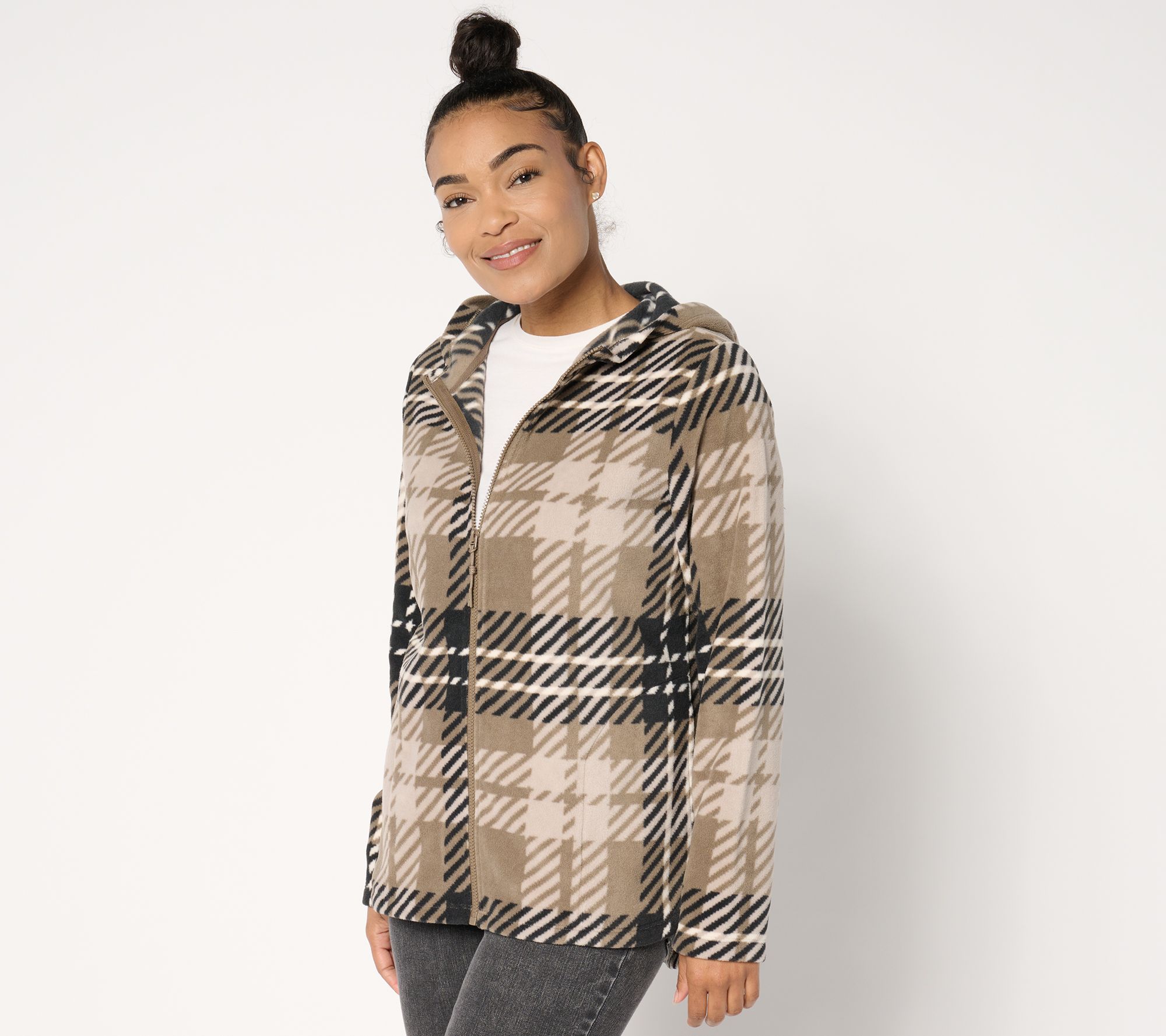 Denim & Co. Active Fleece Printed Zip Front Hooded Jacket