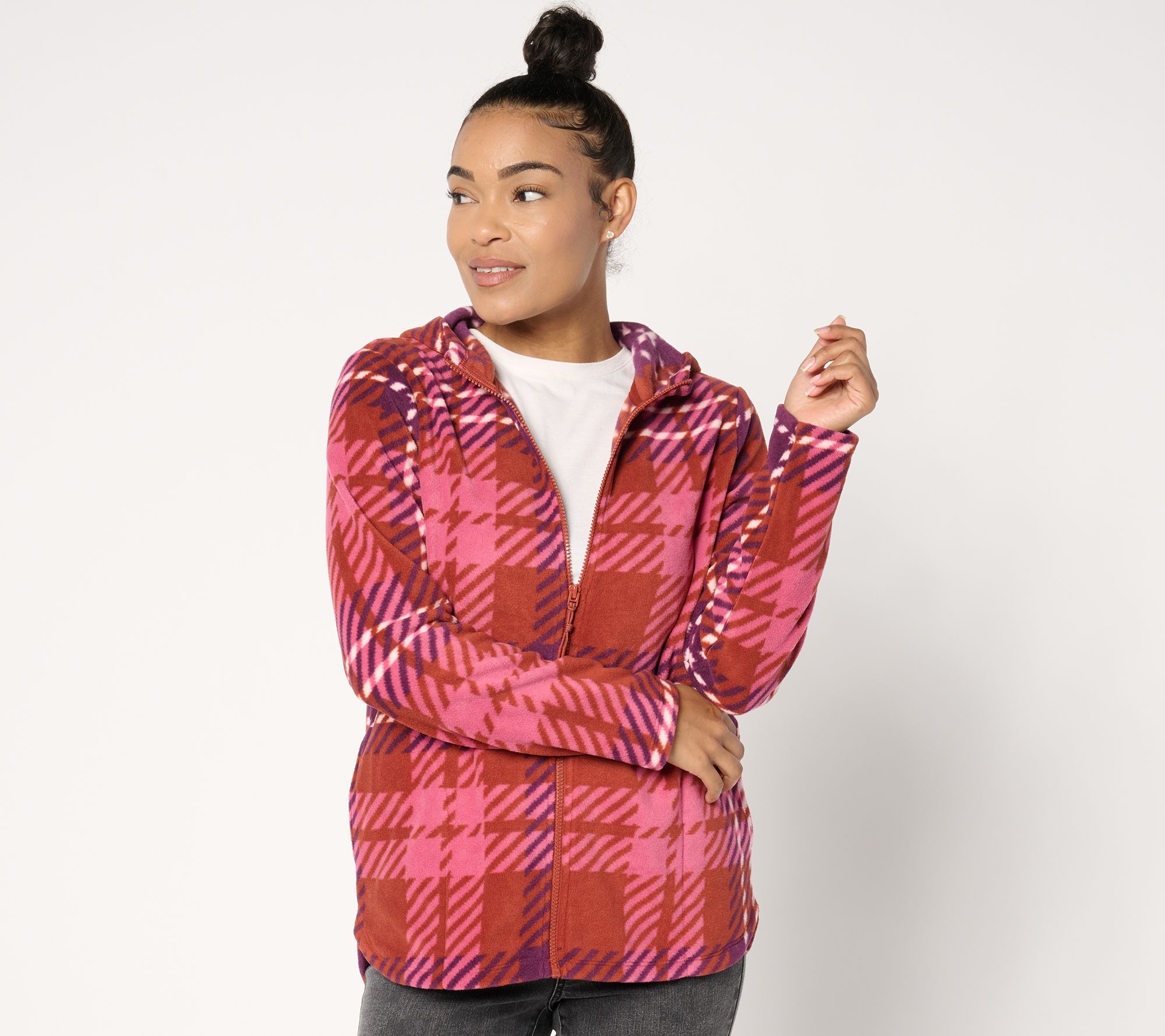 Denim & Co. Active Fleece Printed Zip Front Hooded Jacket