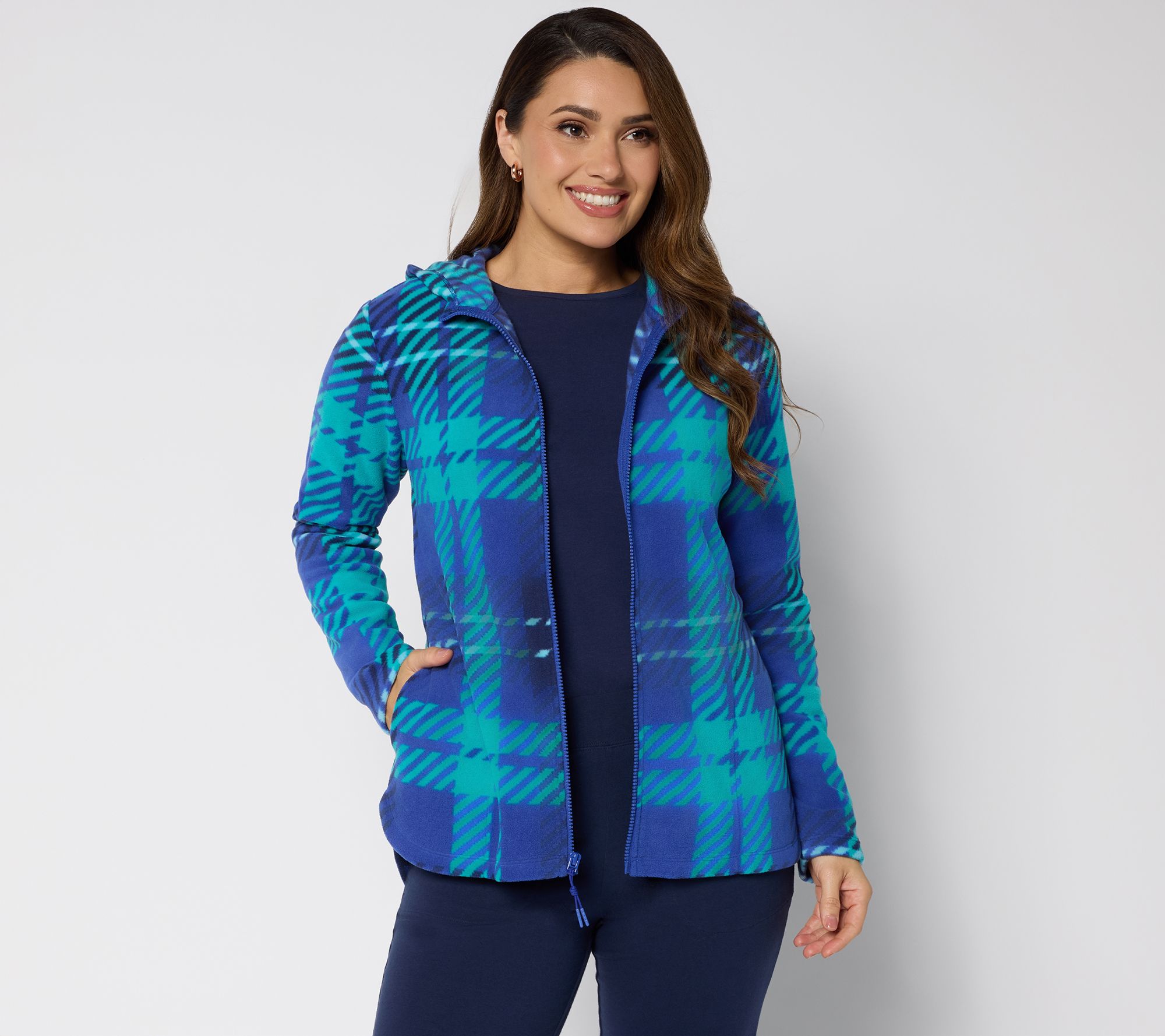 Denim & Co. Active Fleece Printed Zip Front Hooded Jacket