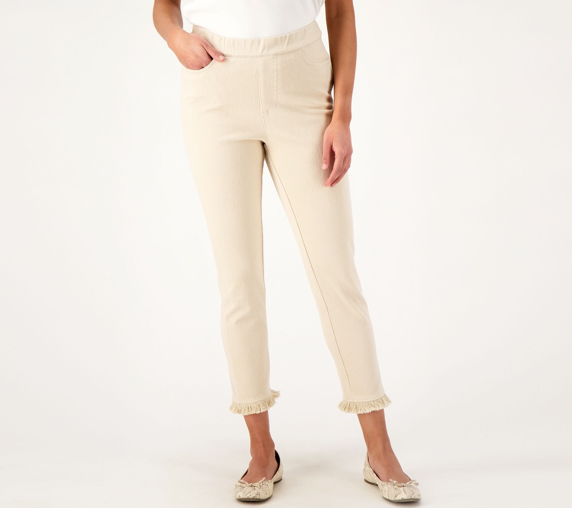 "As Is" Isaac Mizrahi Live Tall Knit Denim Crop Jean with Fringe