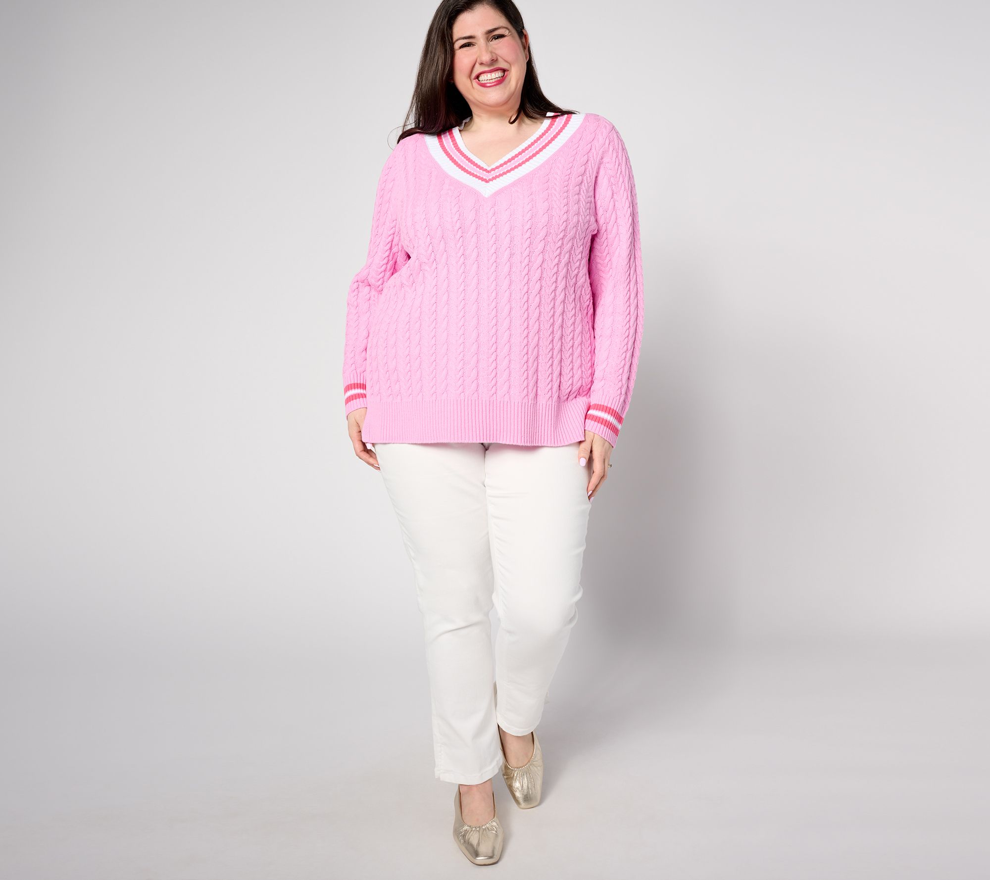 Isaac Mizrahi Live! Clubhouse Cable V-Neck Sweater with Tipping