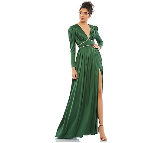 Mac Duggal Emerald Rhinestone Trim Puff SleeveSide Slit Gown
