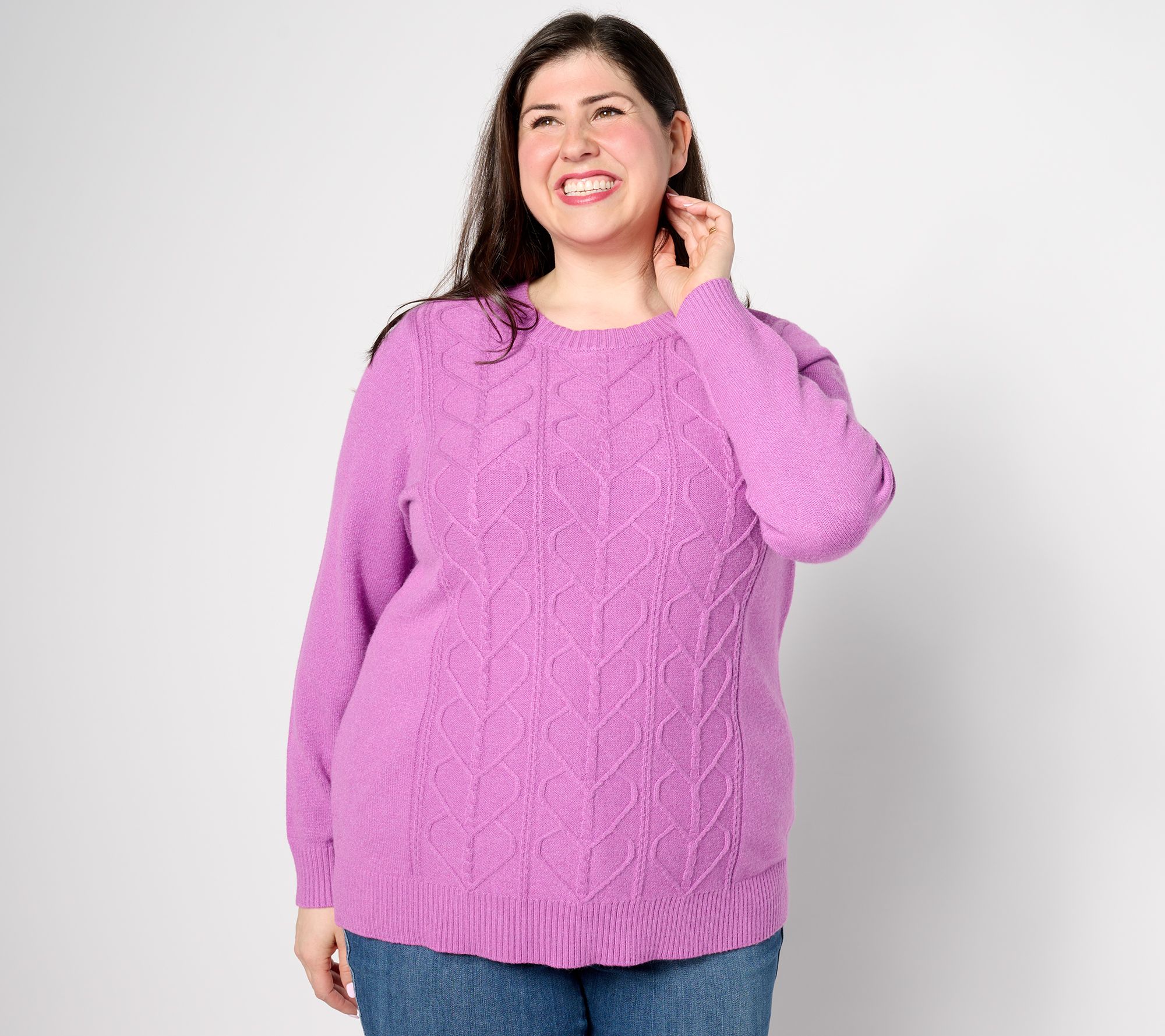 Denim & Co. Novelty Heart Cable Knit Crew Neck Sweater