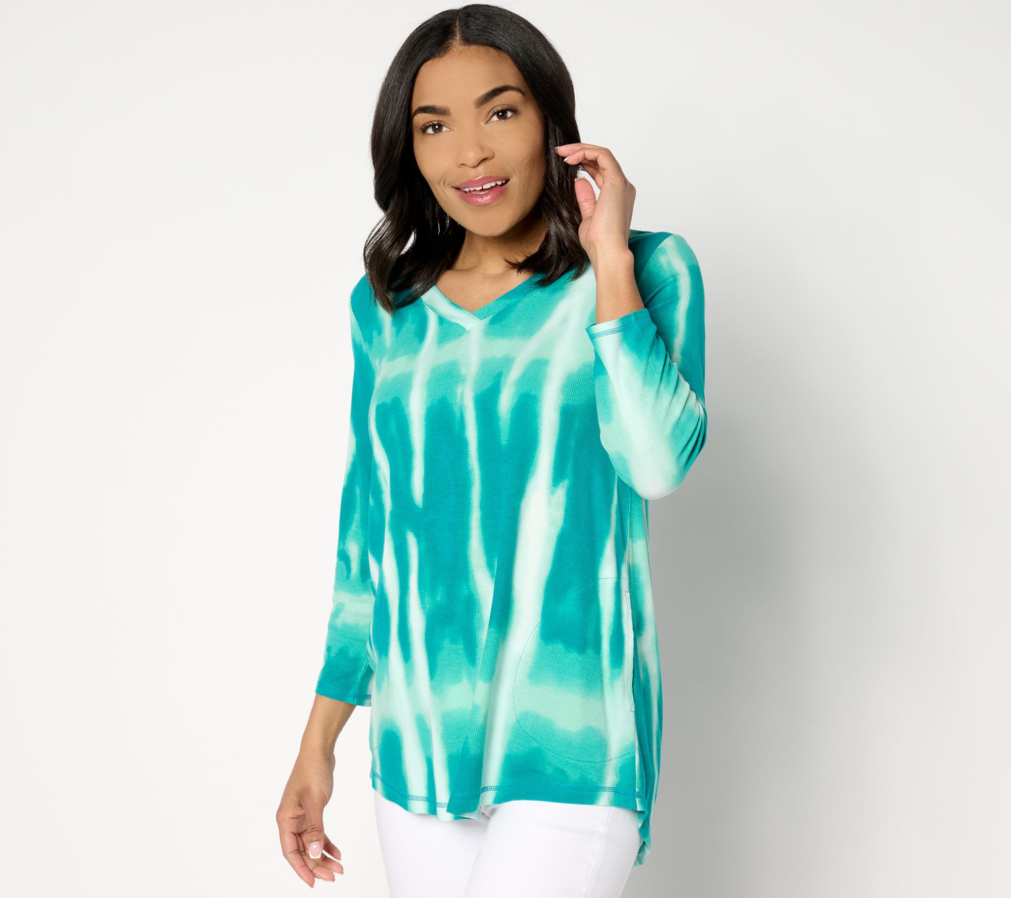 LOGO by Lori Goldstein V-Neck Tie Dye Rib Top