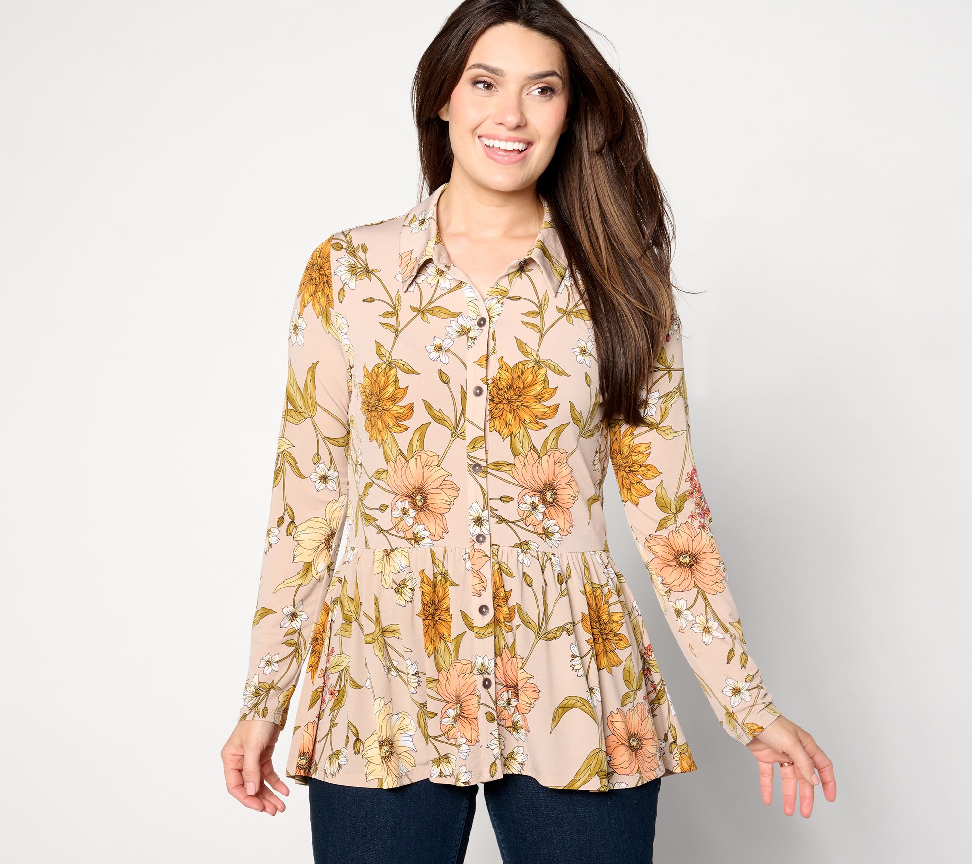 Susan Graver Petite Printed Liquid Knit Romantic Peplum Cardigan