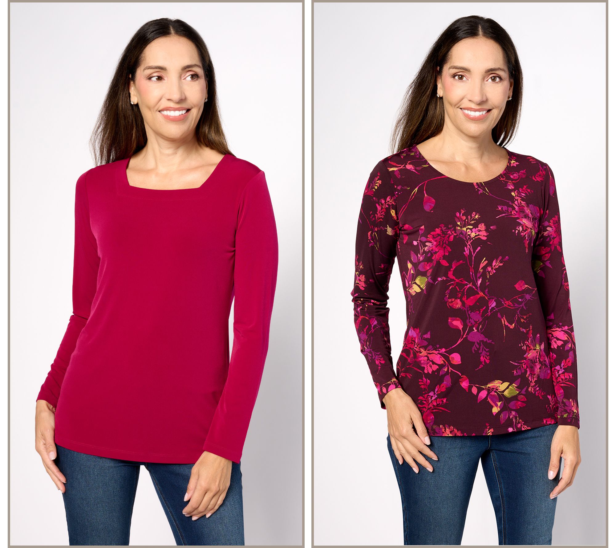 "As Is" Susan Graver Print and Solid Liquid Knit Set of Two Tops