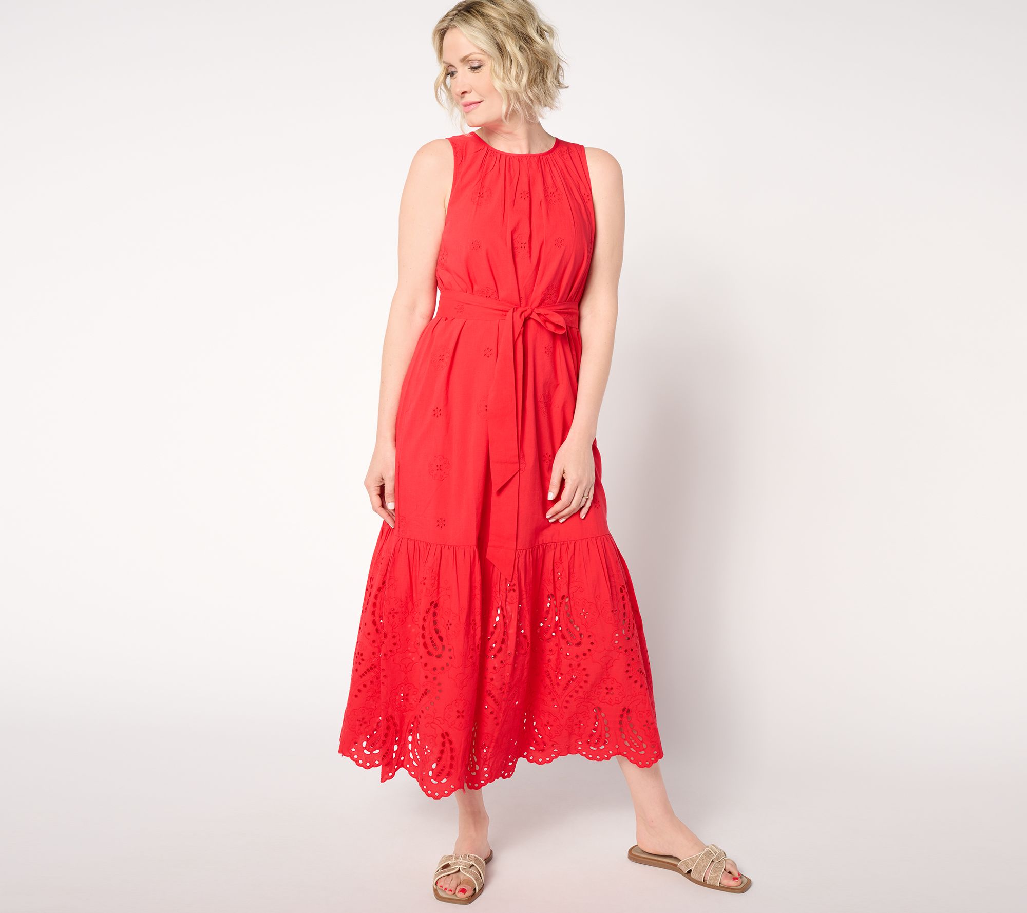 Destination 365 Petite Eyelet Sleeveless Maxi Dress with Self Belt