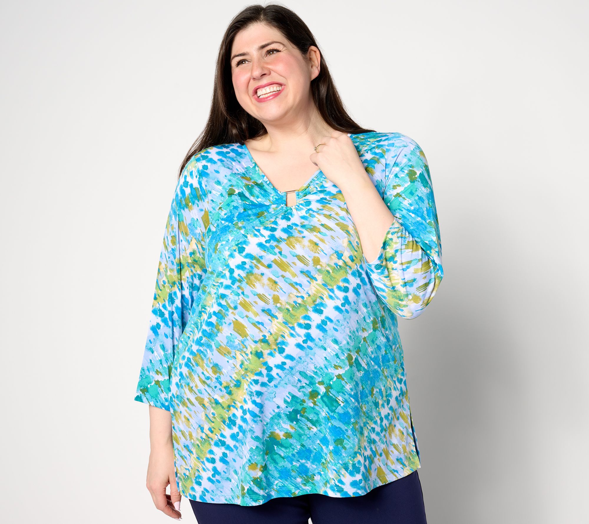 "As Is" Susan Graver Regular Printed Liquid Knit 3/4 Sleeve Tunic w/Keyhole