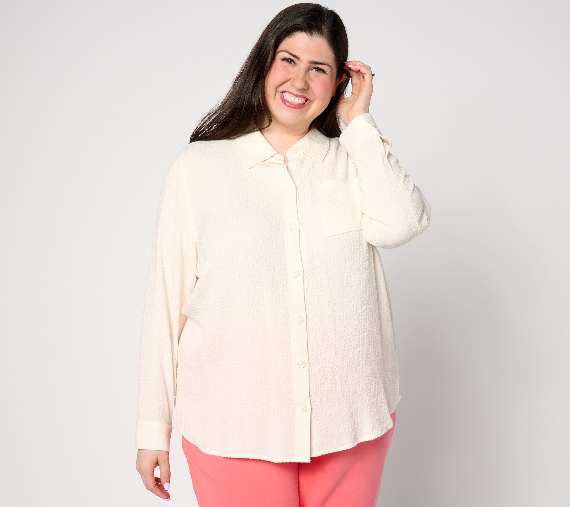 "As Is" Denim & Co. Textured Waffle Weave Big Shirt