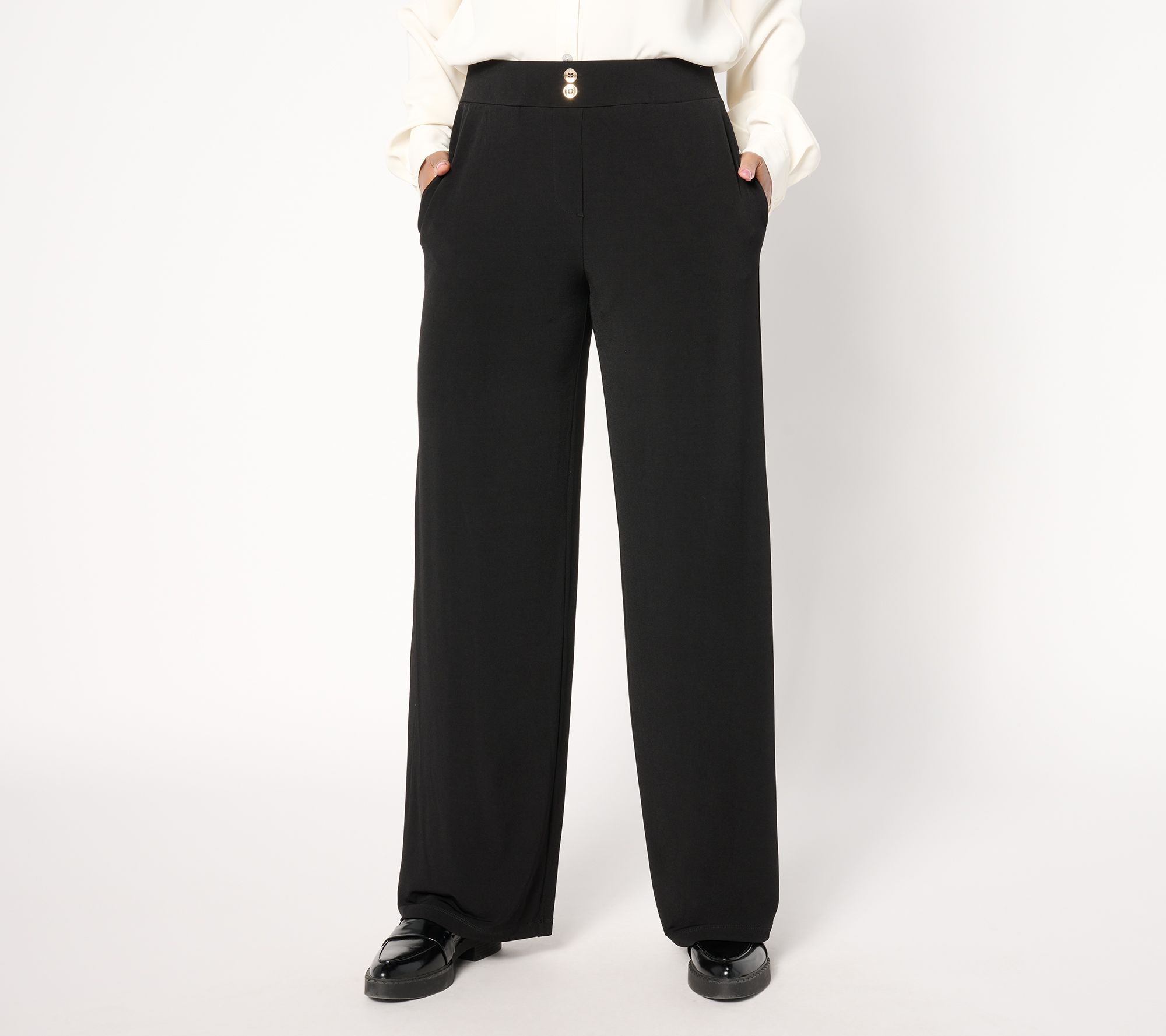 Susan Graver Petite Liquid Knit Wide-Leg Pants w/ Button Detail