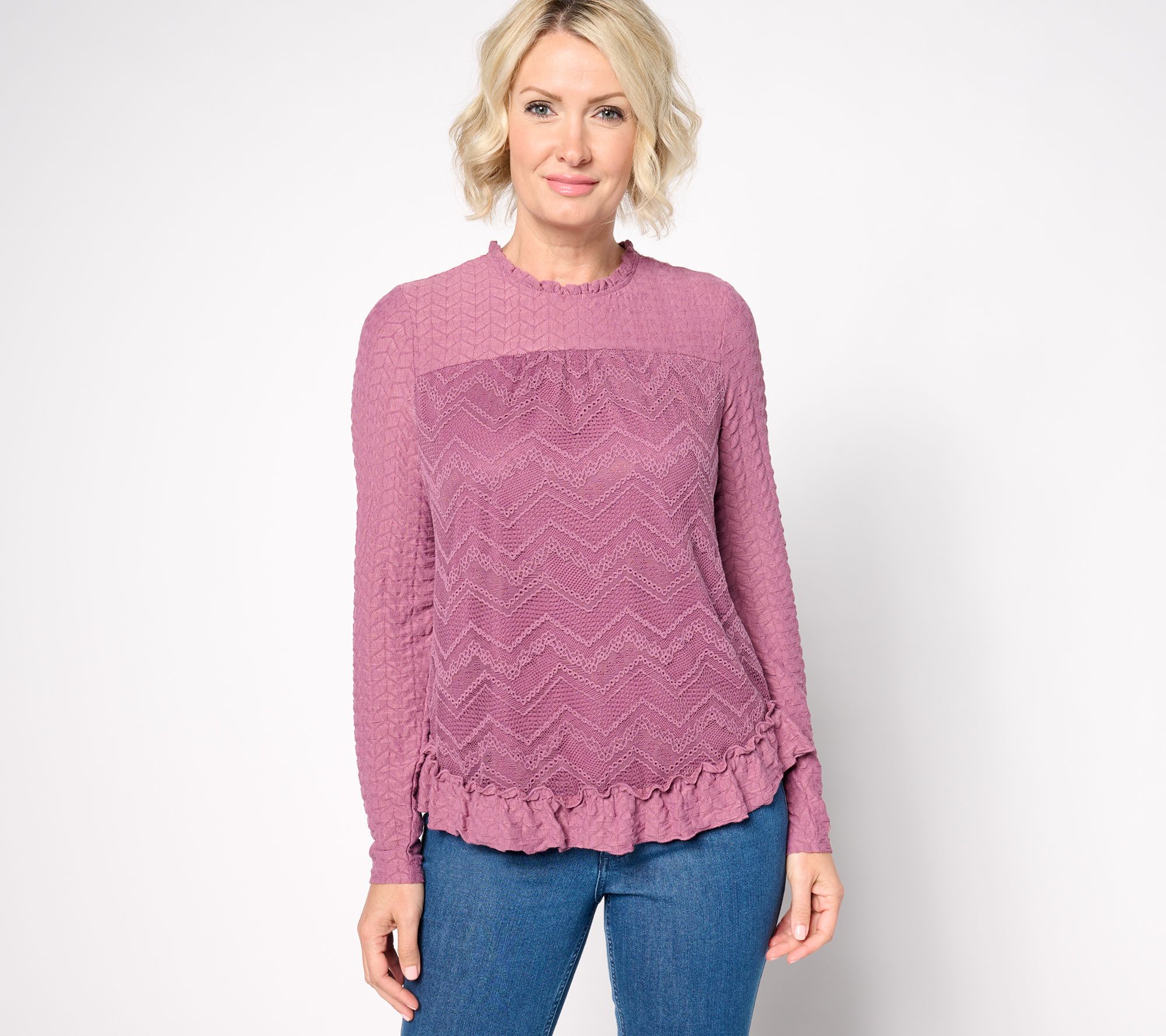 LOGO Lavish by Lori Goldstein Long Sleeve Crew Neck Lace Top