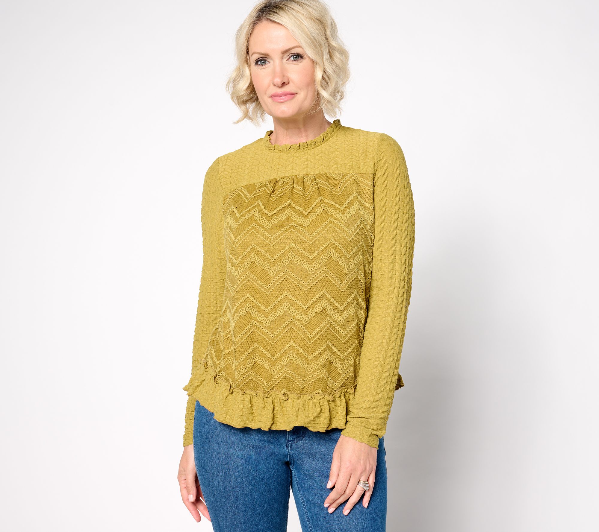LOGO Lavish by Lori Goldstein Long Sleeve Crew Neck Lace Top