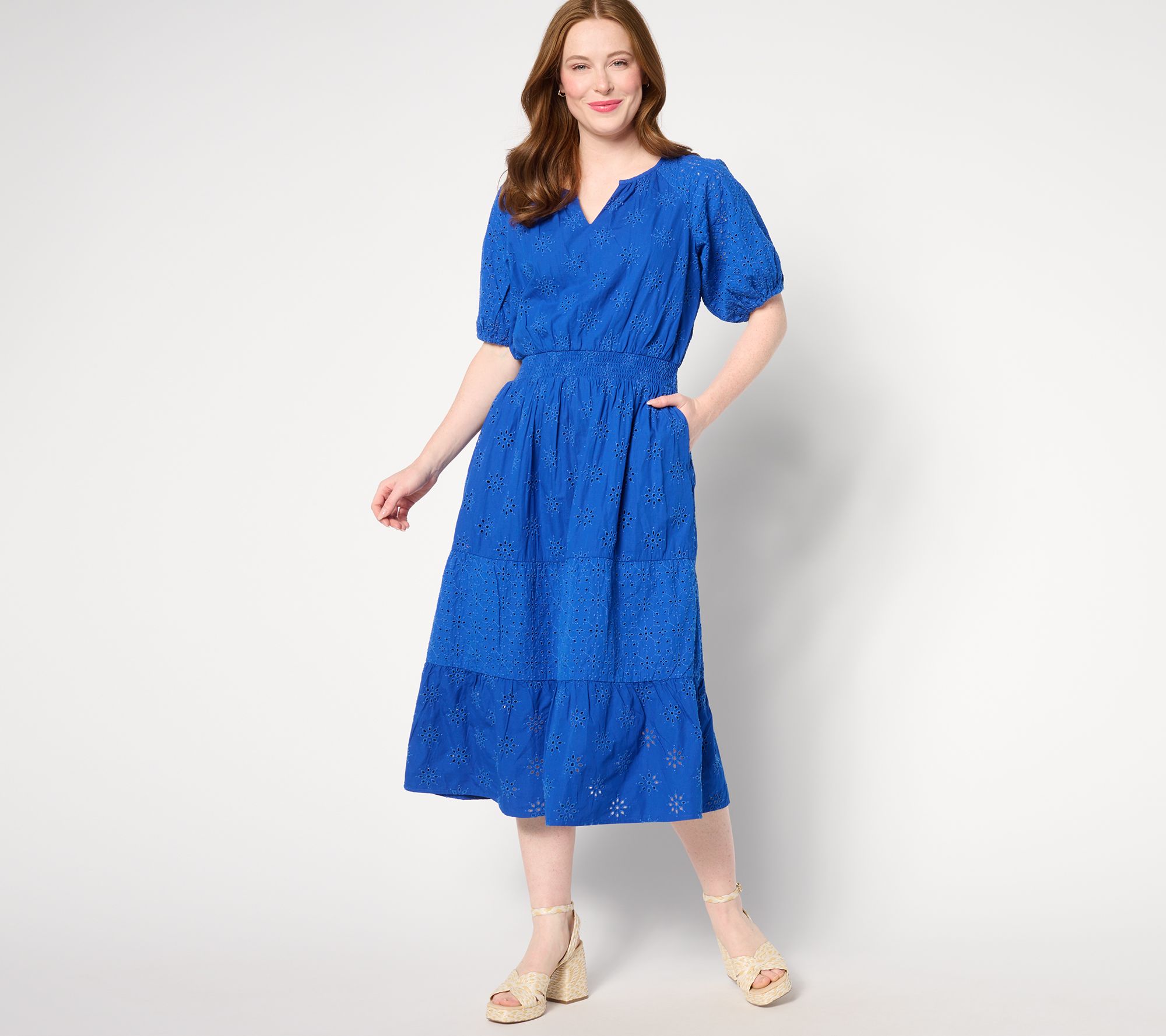 "As Is" Isaac Mizrahi Live! Petite Cotton Eyelet Tiered Midi Dress