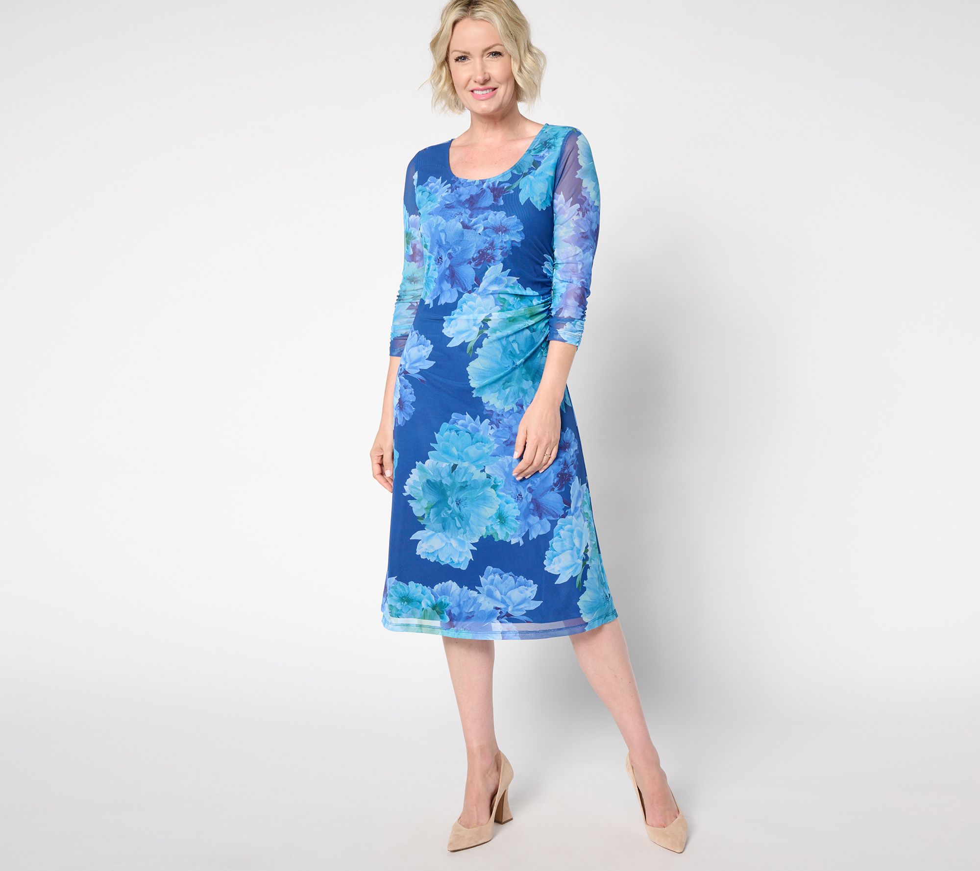 "As Is" Isaac Mizrahi Live! Regular Printed Mesh 3/4 Sleeve Midi Dress
