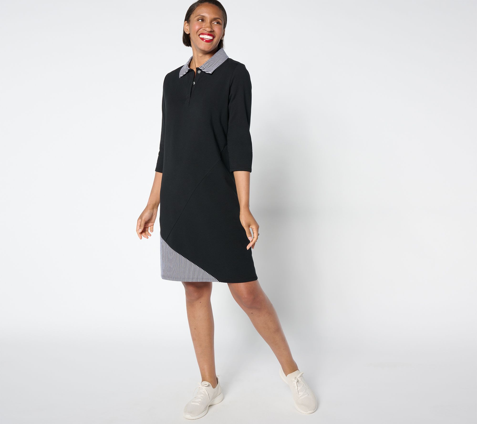 "As Is" Sport Savvy Petite 3/4 Slv Pieced Stripe French Terry Dress