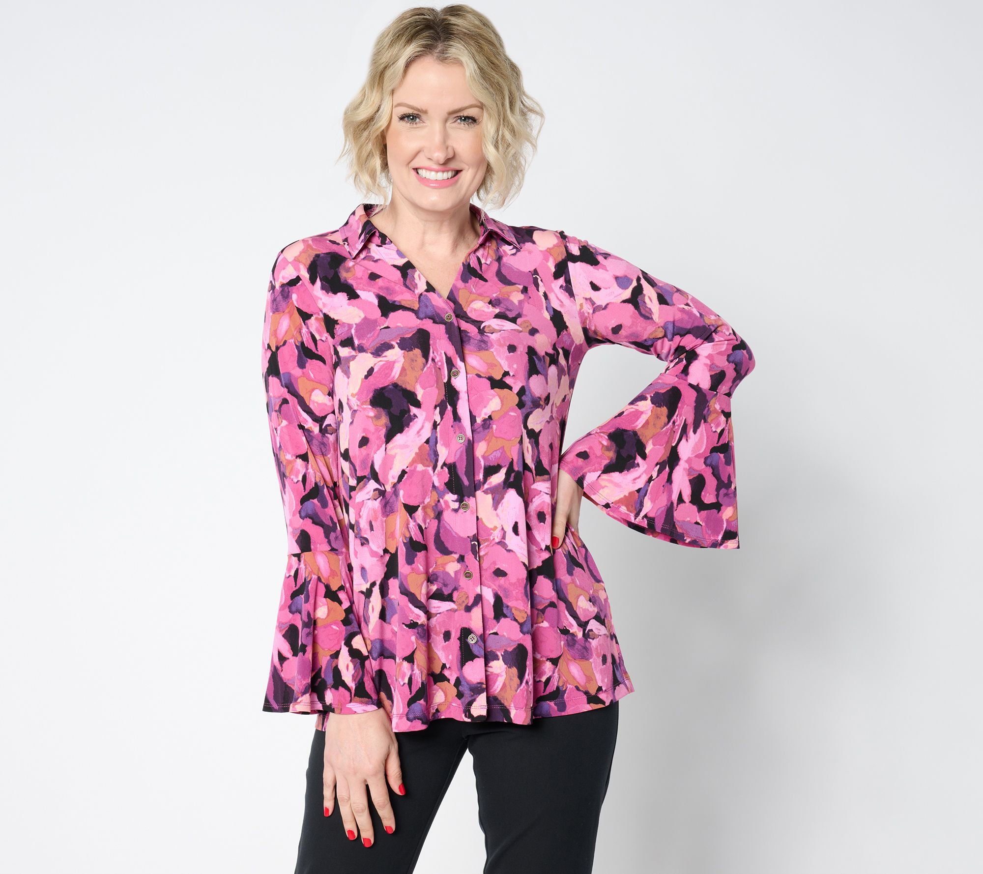 "As Is" Susan Graver Petite Printed Liquid Knit Button Bell-Slv Tunic