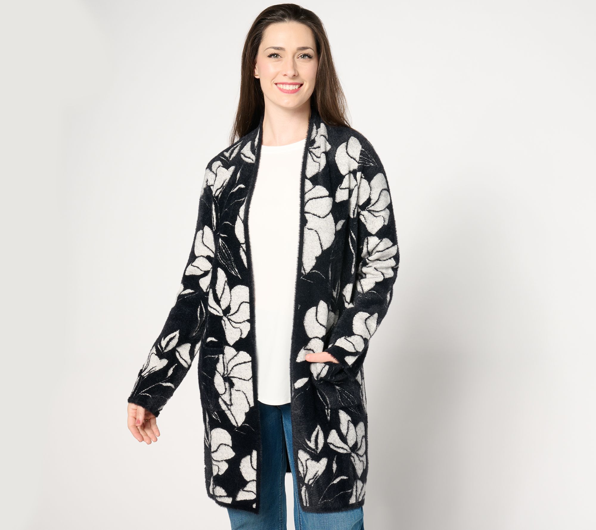 "As Is" Susan Graver Jacquard Open Front Cardigan with Patch Pockets