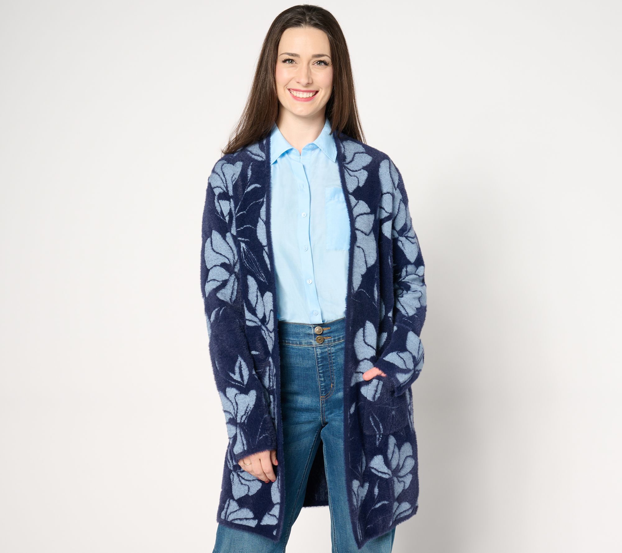 "As Is" Susan Graver Jacquard Open Front Cardigan with Patch Pockets