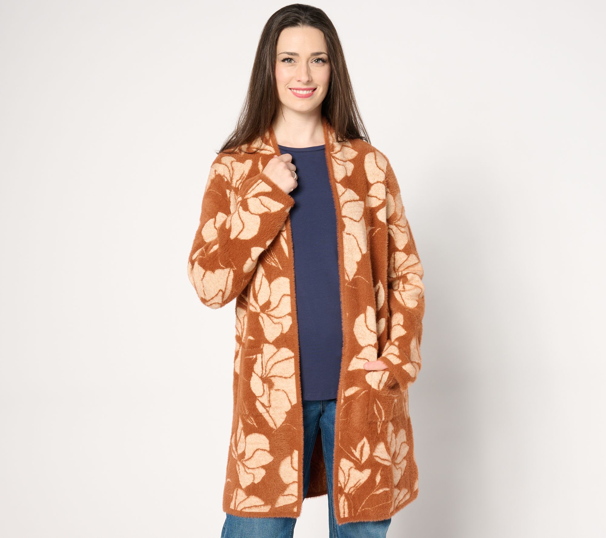 "As Is" Susan Graver Jacquard Open Front Cardigan with Patch Pockets