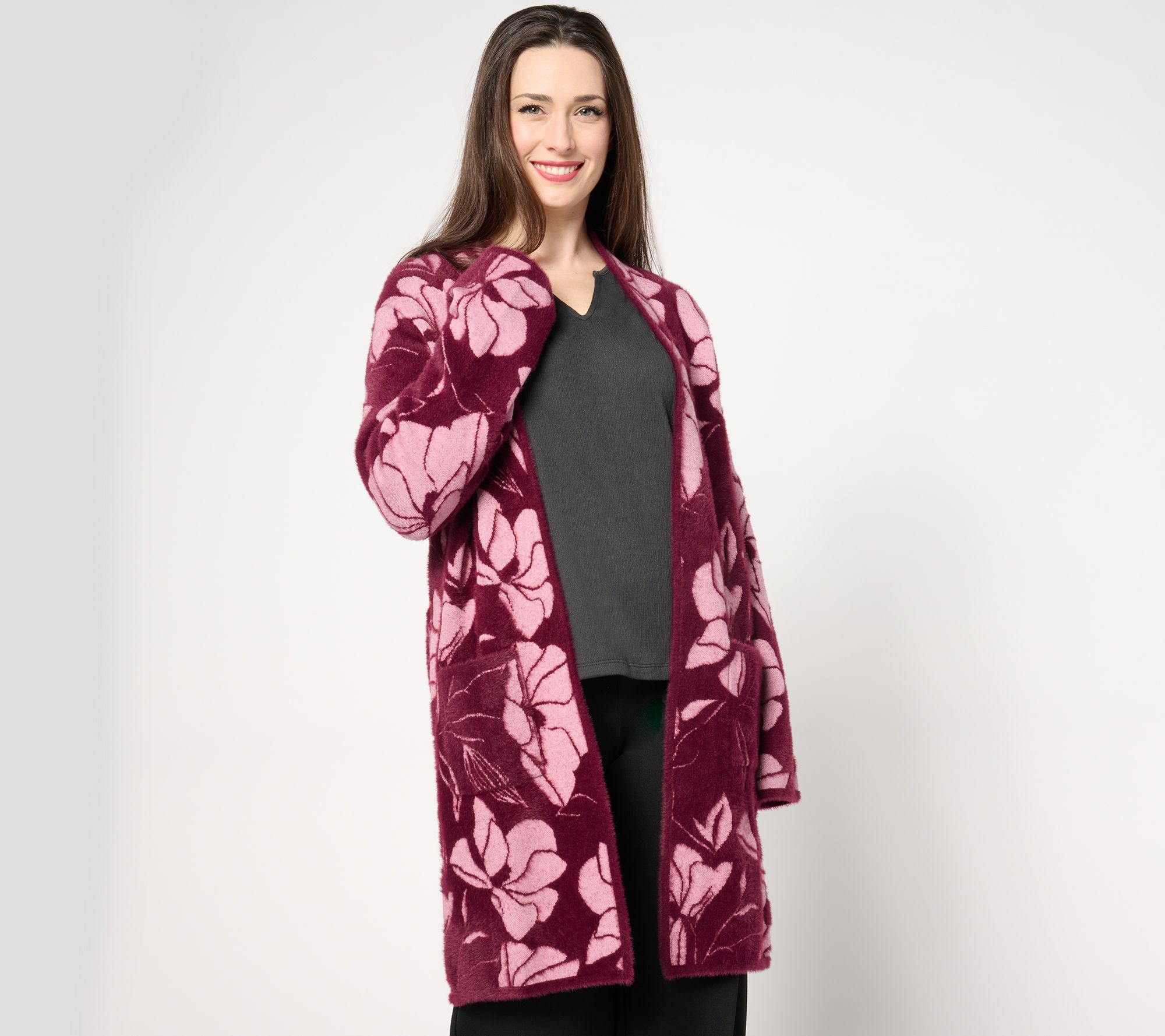 "As Is" Susan Graver Jacquard Open Front Cardigan with Patch Pockets