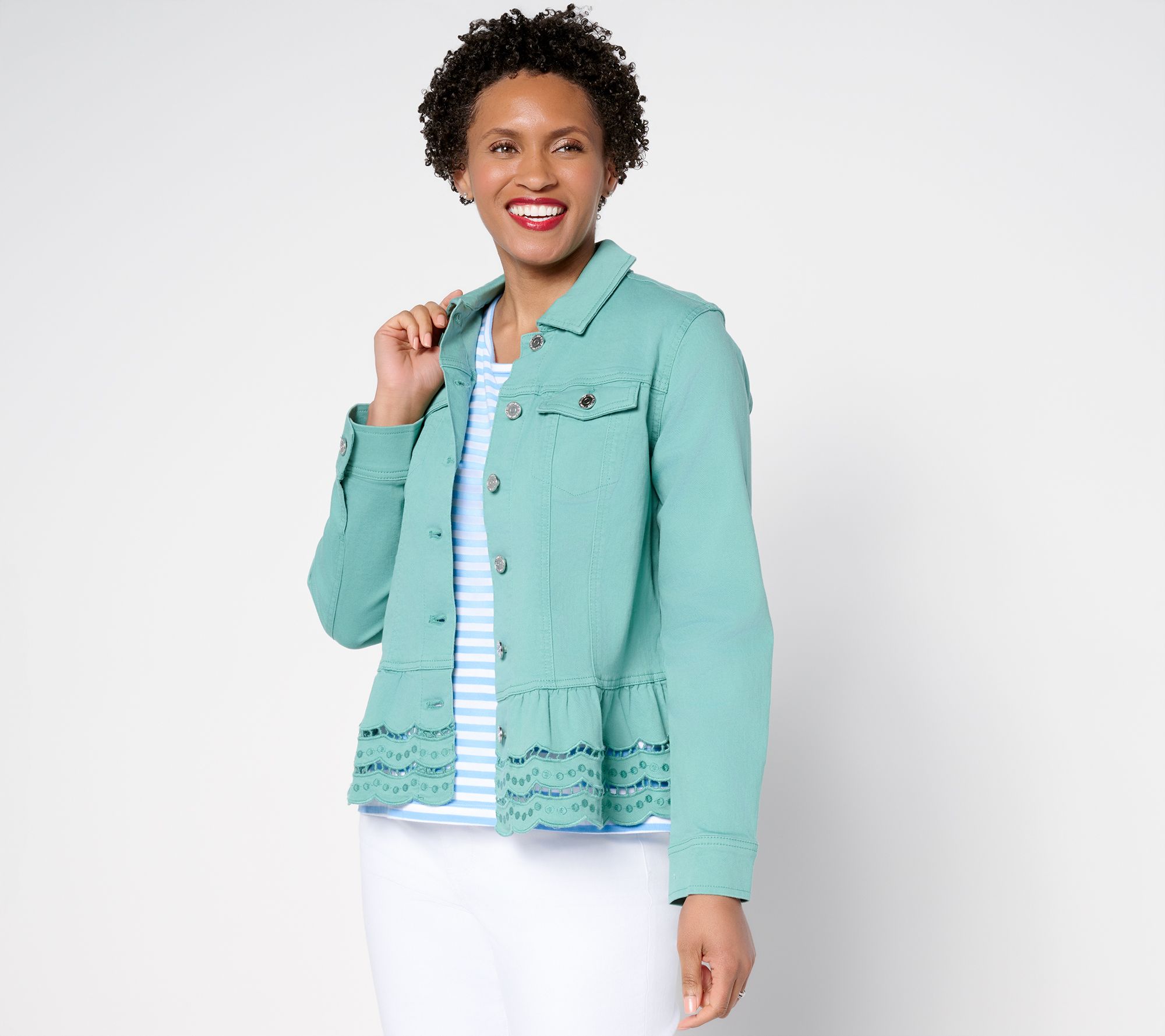  Susan Graver Embroidered Peplum Stretch Denim Jacket - A690642