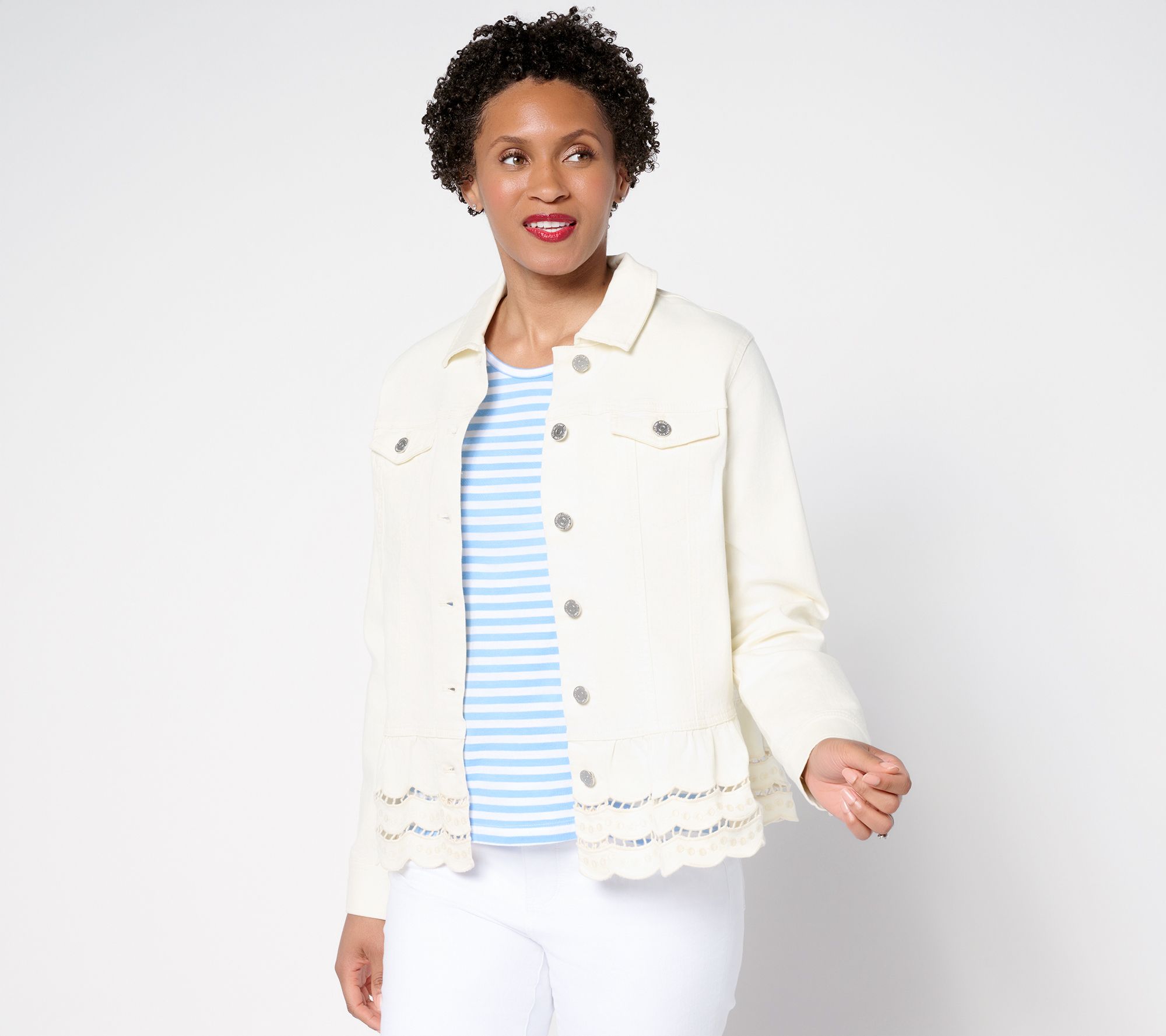 Susan Graver Embroidered Peplum Stretch Denim Jacket