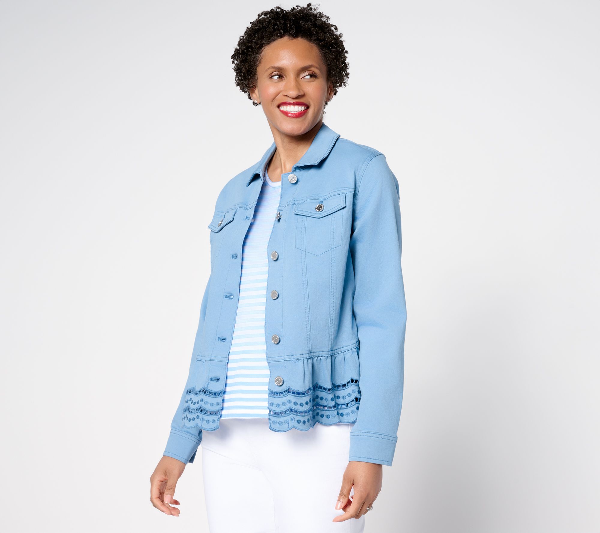 Susan Graver Embroidered Peplum Stretch Denim Jacket