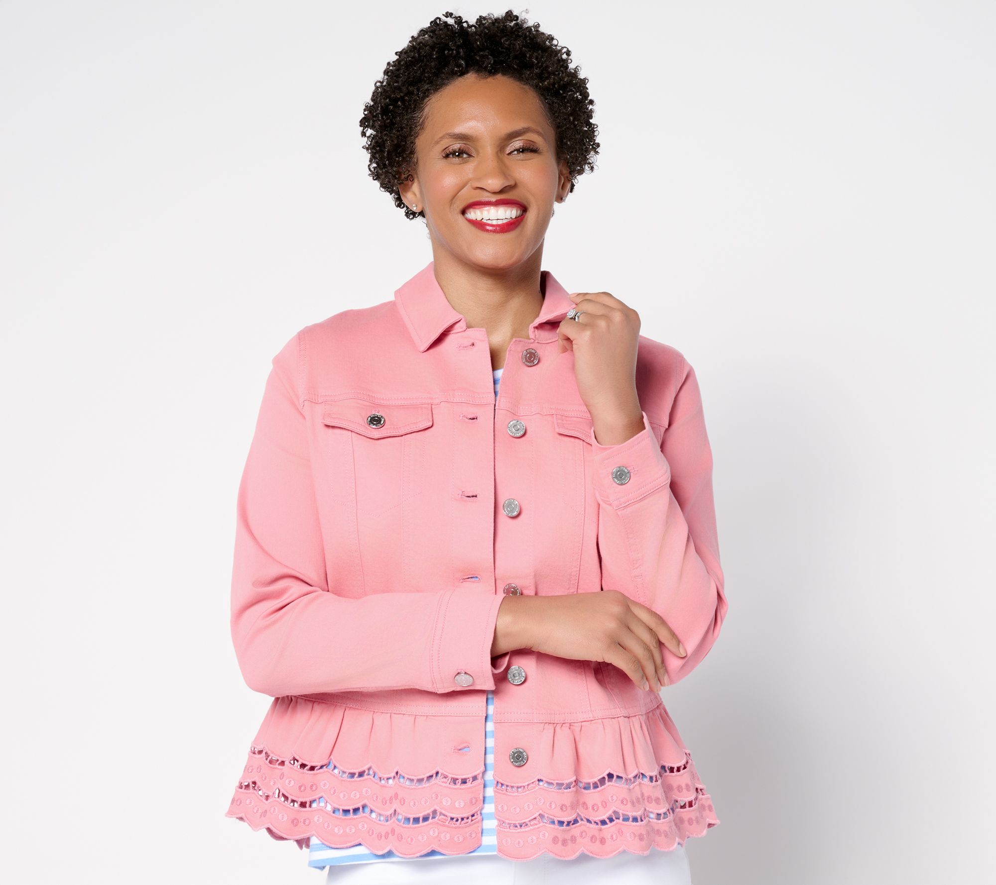 Susan Graver Embroidered Peplum Stretch Denim Jacket