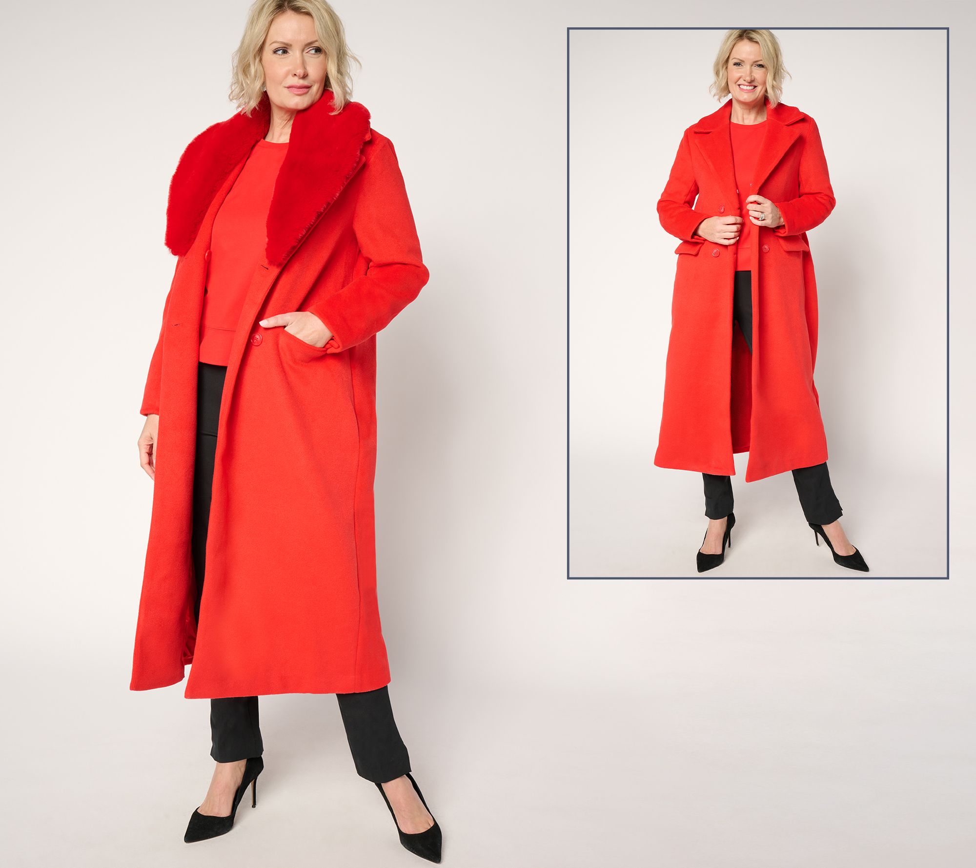 "As Is" by Stacy London Faux Wool Coat with Addable Faux Fur Collar