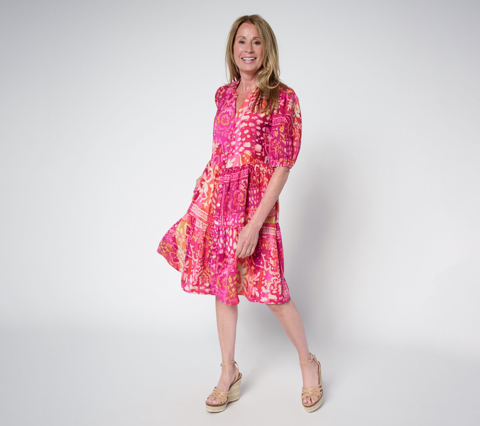 Susan Graver Petite Printed St. Tropez Button Front Dress