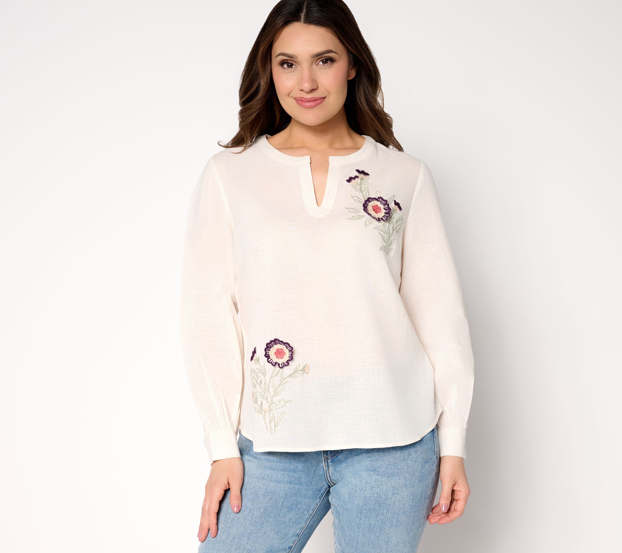 BEAUTIFUL by Lawrence Zarian 100% Cotton Applique Detail V-Neck Blouse