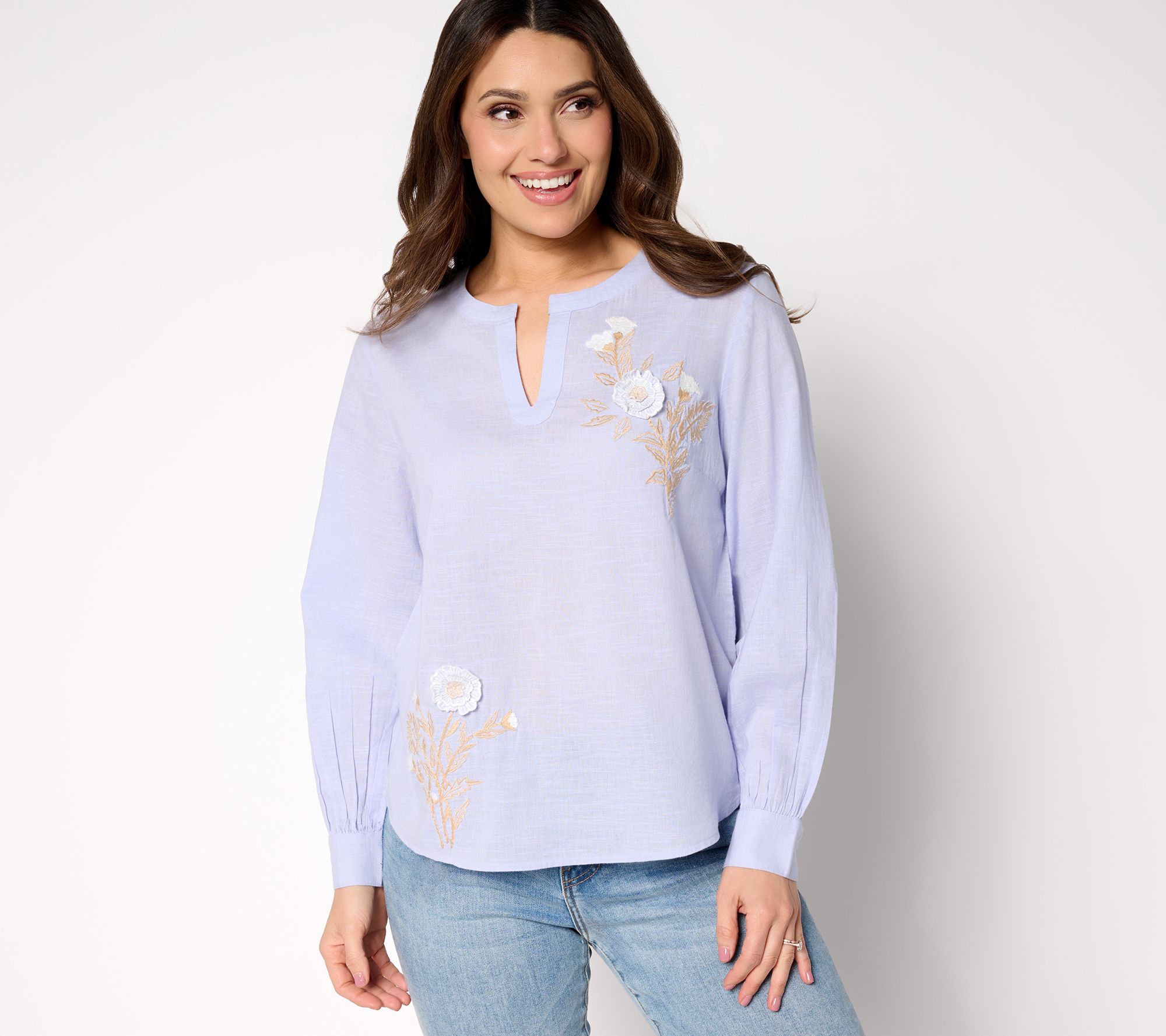 BEAUTIFUL by Lawrence Zarian 100% Cotton Applique Detail V-Neck Blouse
