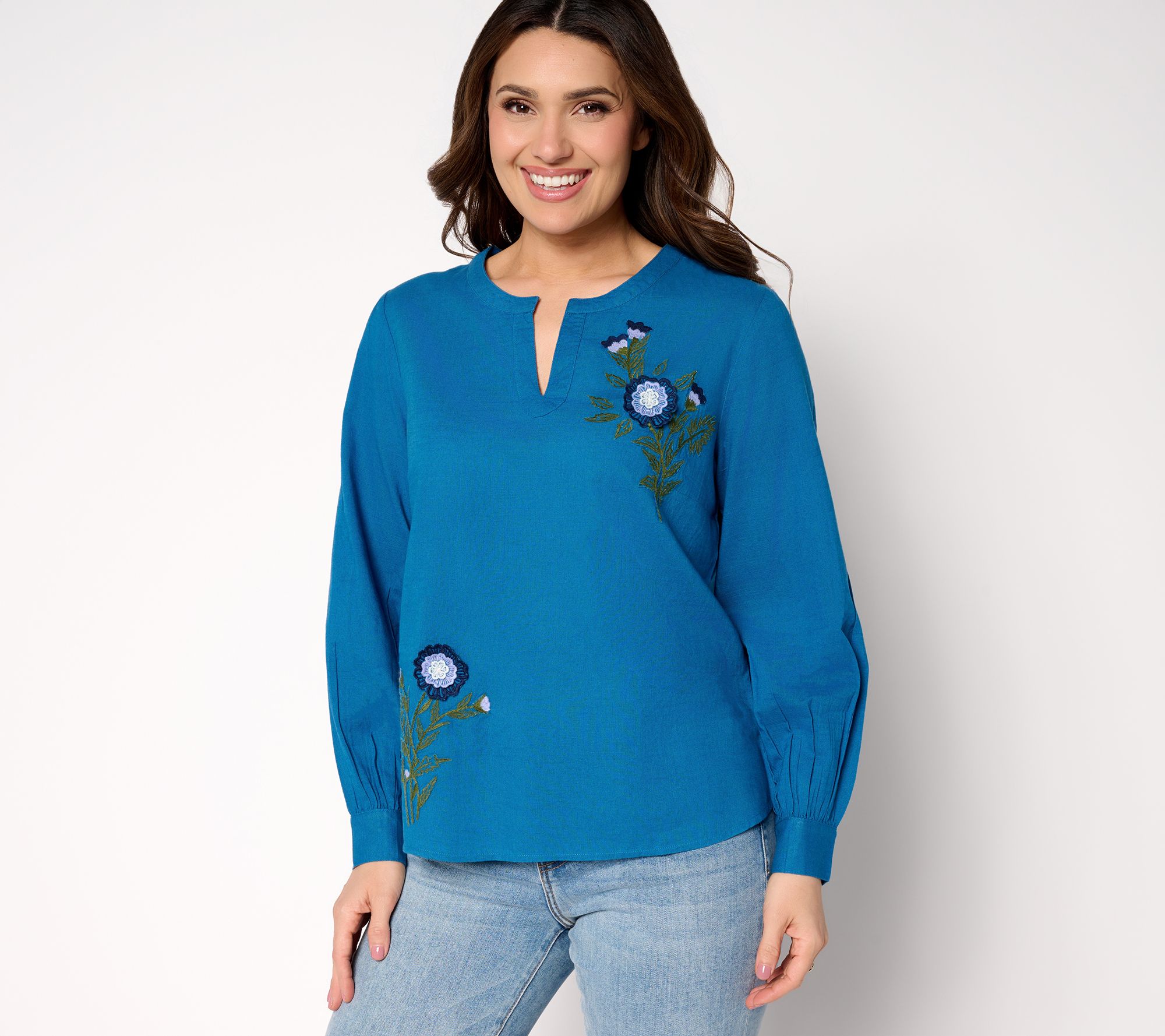 BEAUTIFUL by Lawrence Zarian 100% Cotton Applique Detail V-Neck Blouse