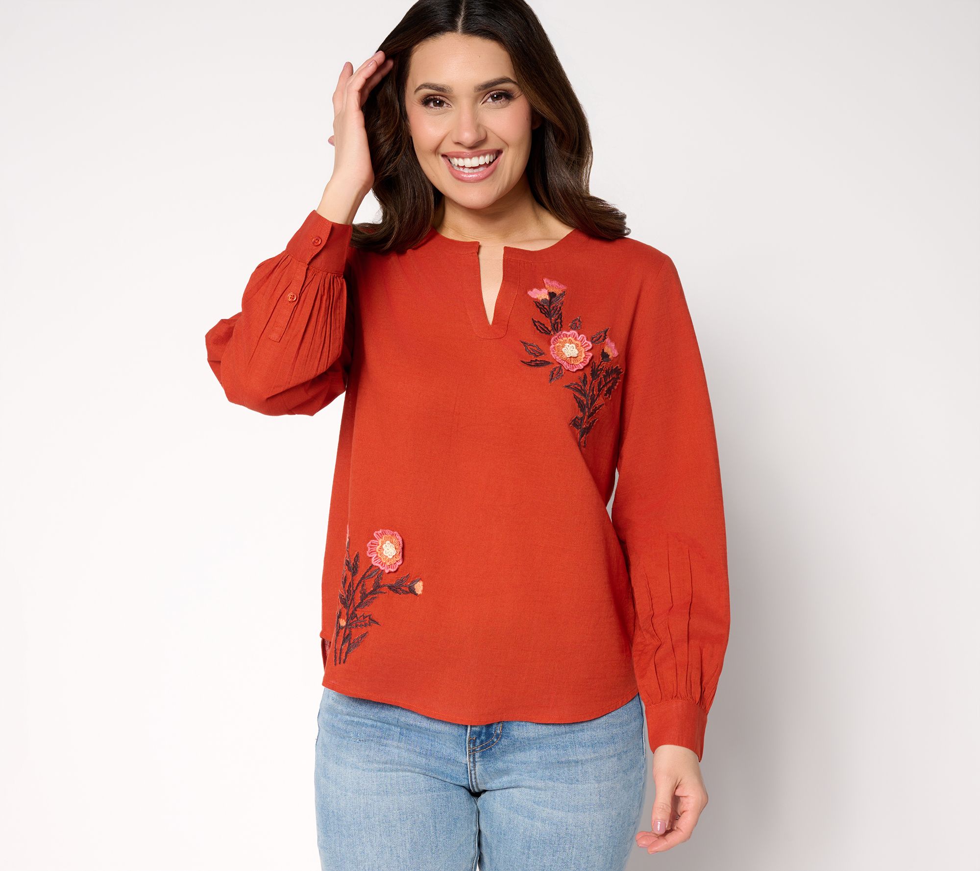 BEAUTIFUL by Lawrence Zarian 100% Cotton Applique Detail V-Neck Blouse