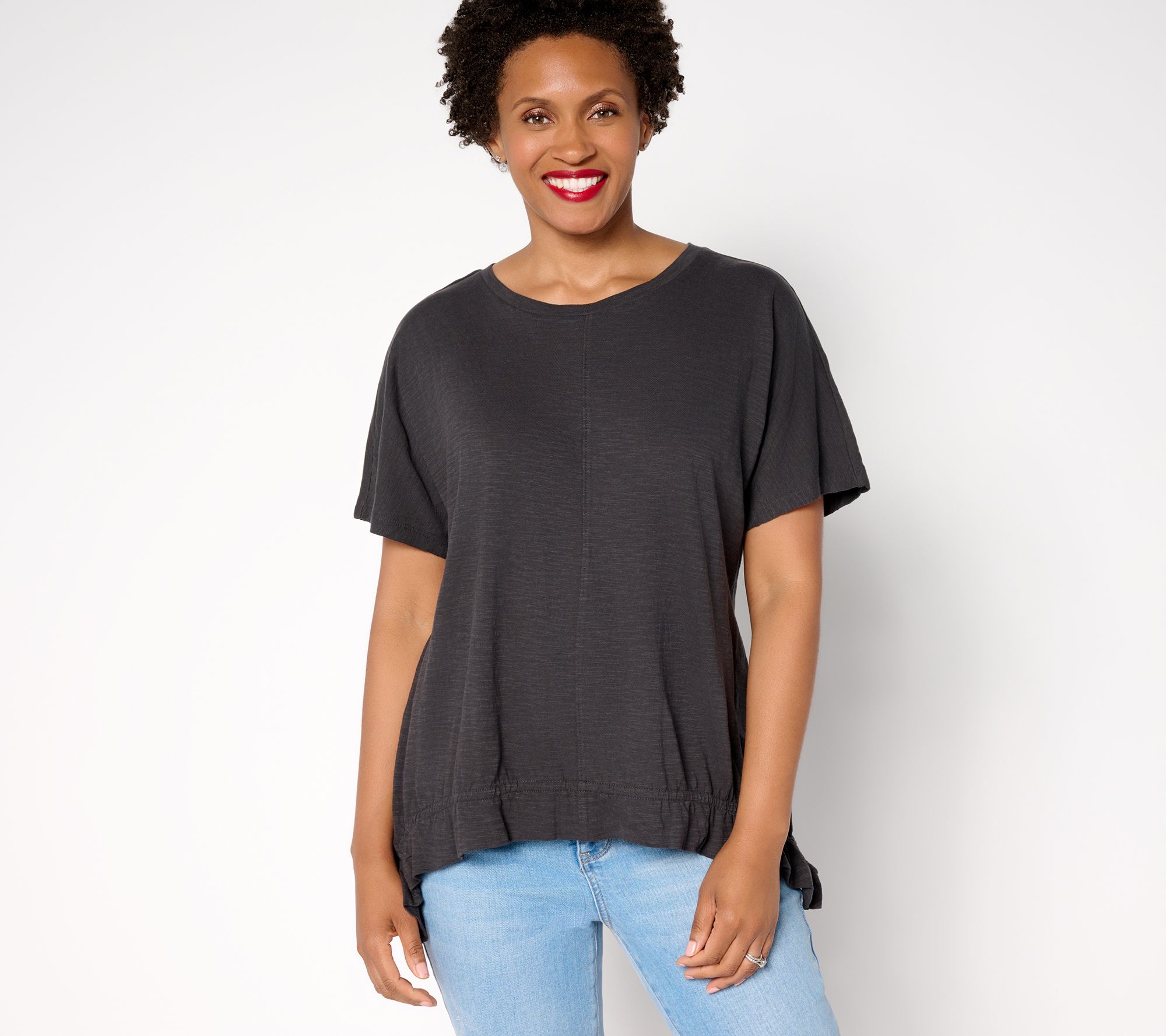 LOGO by Lori Goldstein 100% Cotton Ruched Hem Top