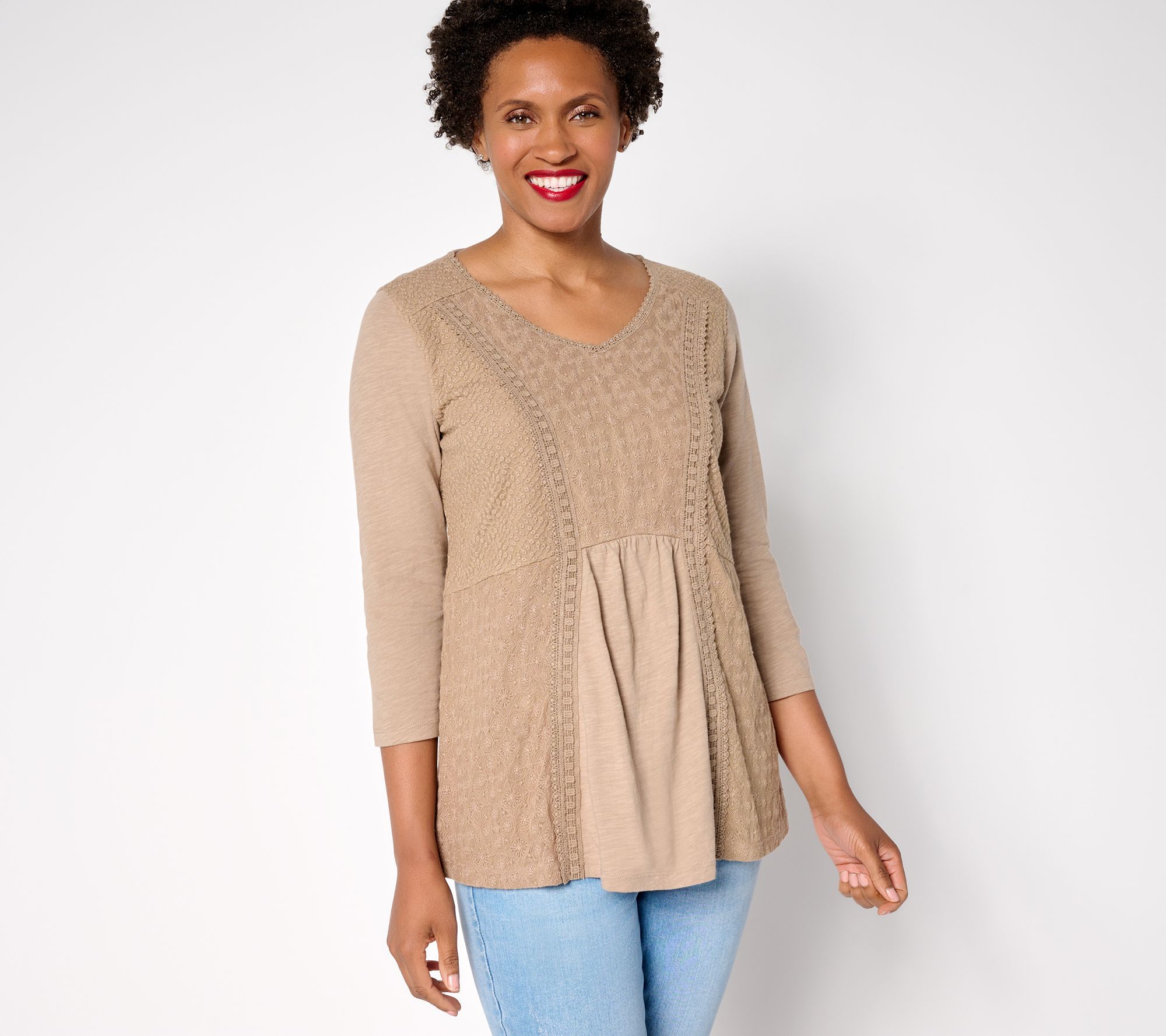 LOGO Lavish by Lori Goldstein 100% Cotton Mixed Media Top