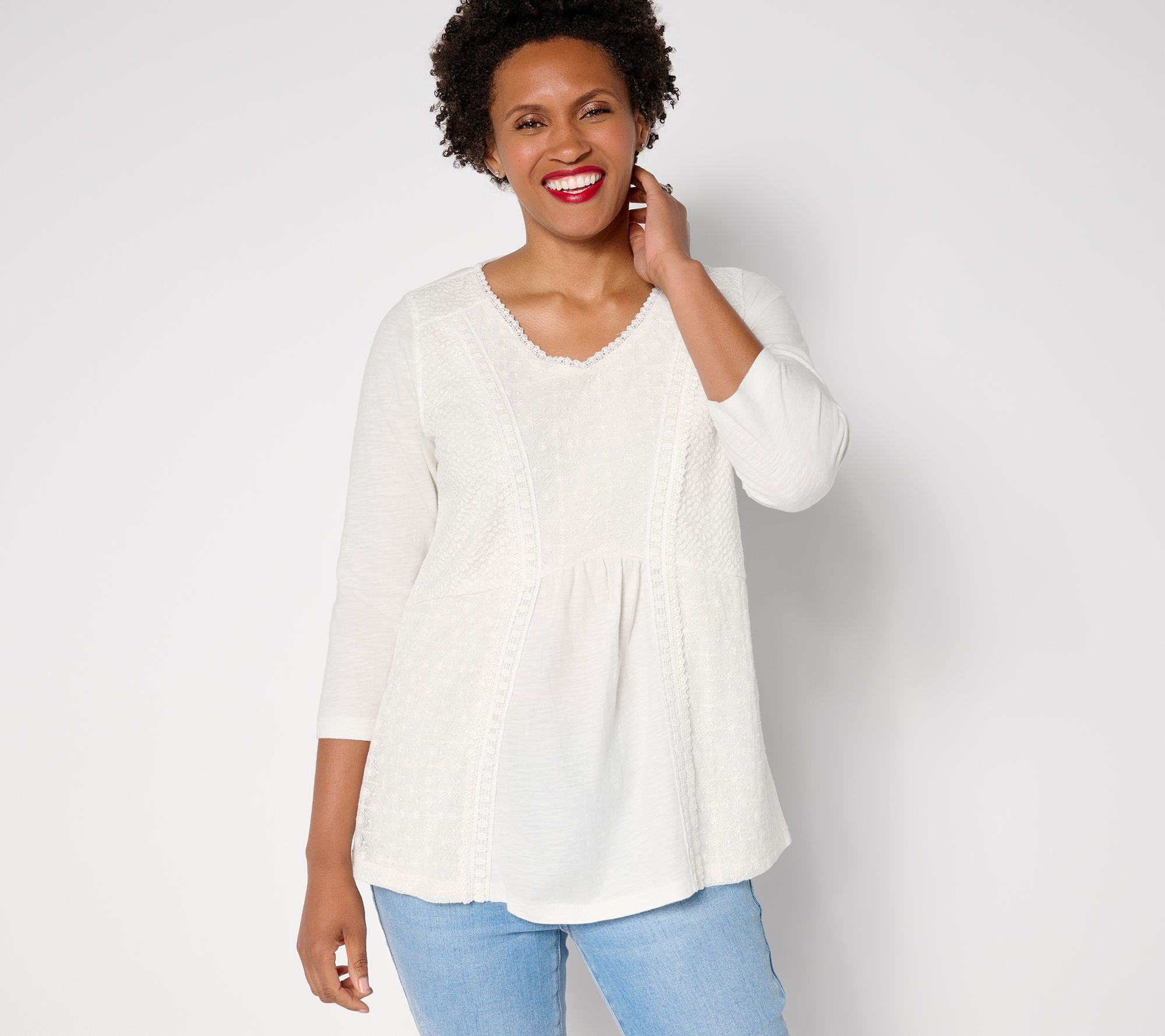 LOGO Lavish by Lori Goldstein 100% Cotton Mixed Media Top