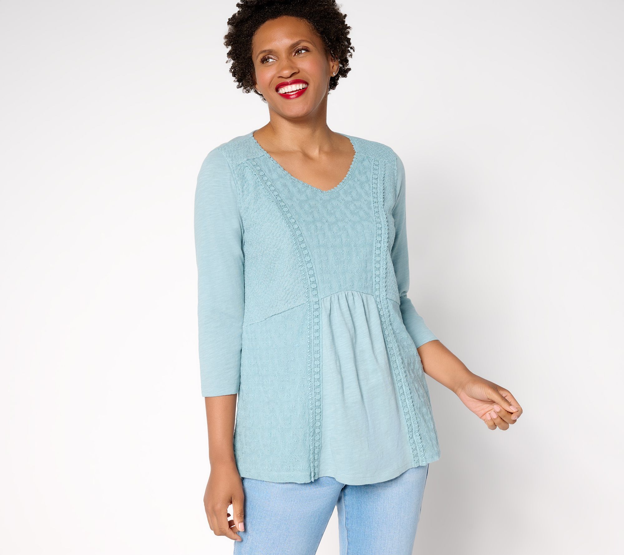 LOGO Lavish by Lori Goldstein 100% Cotton Mixed Media Top