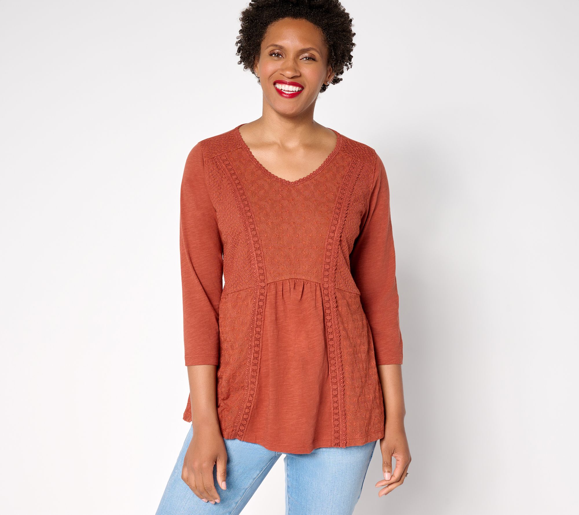 LOGO Lavish by Lori Goldstein 100% Cotton Mixed Media Top