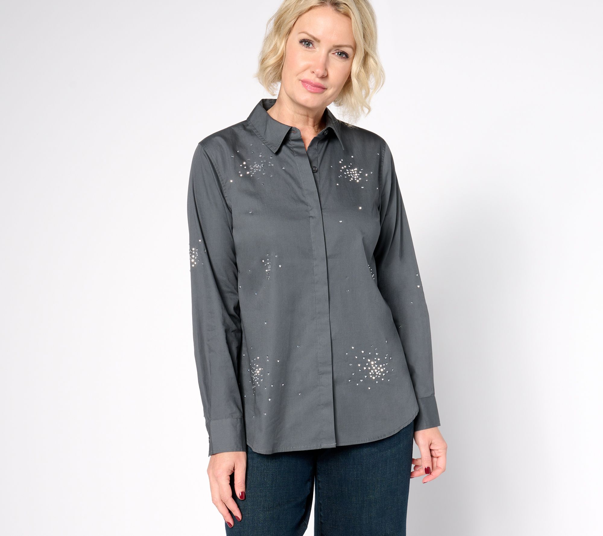 "As Is" Joan Rivers Red Carpet Stretch Cotton Stone Button Front