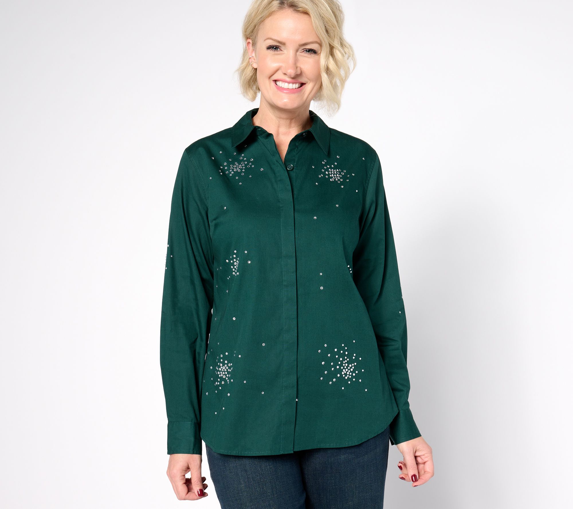 "As Is" Joan Rivers Red Carpet Stretch Cotton Stone Button Front