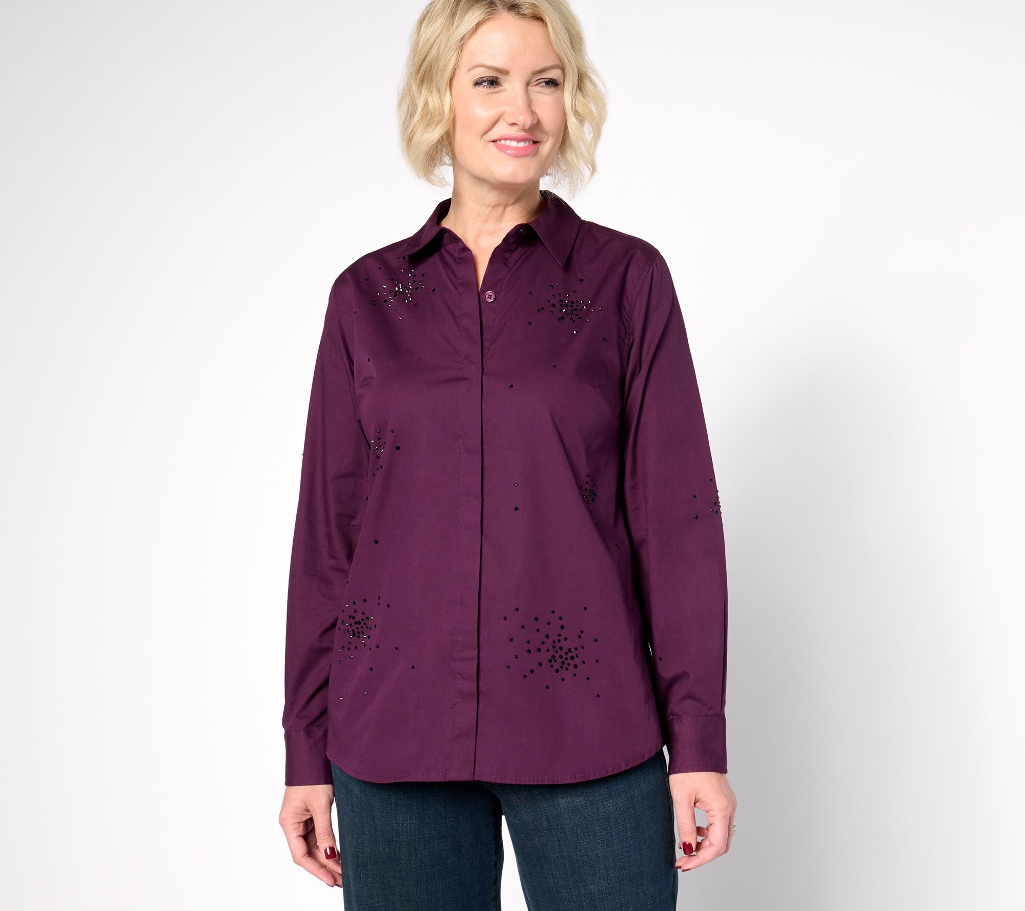 "As Is" Joan Rivers Red Carpet Stretch Cotton Stone Button Front