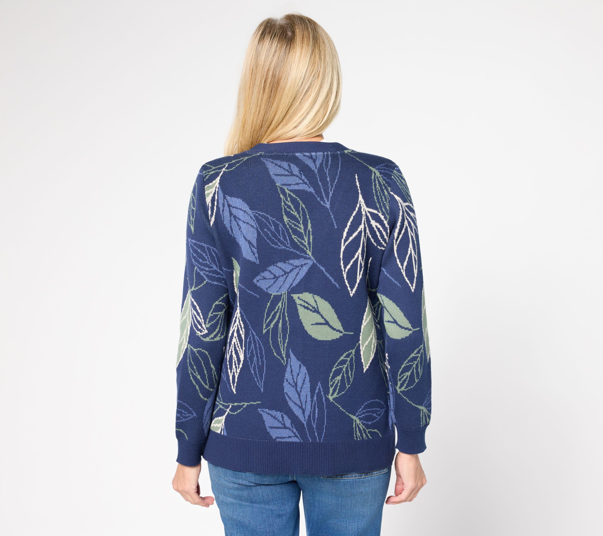 Denim & Co. Jacquard Leaf Button Front Sweater Cardigan