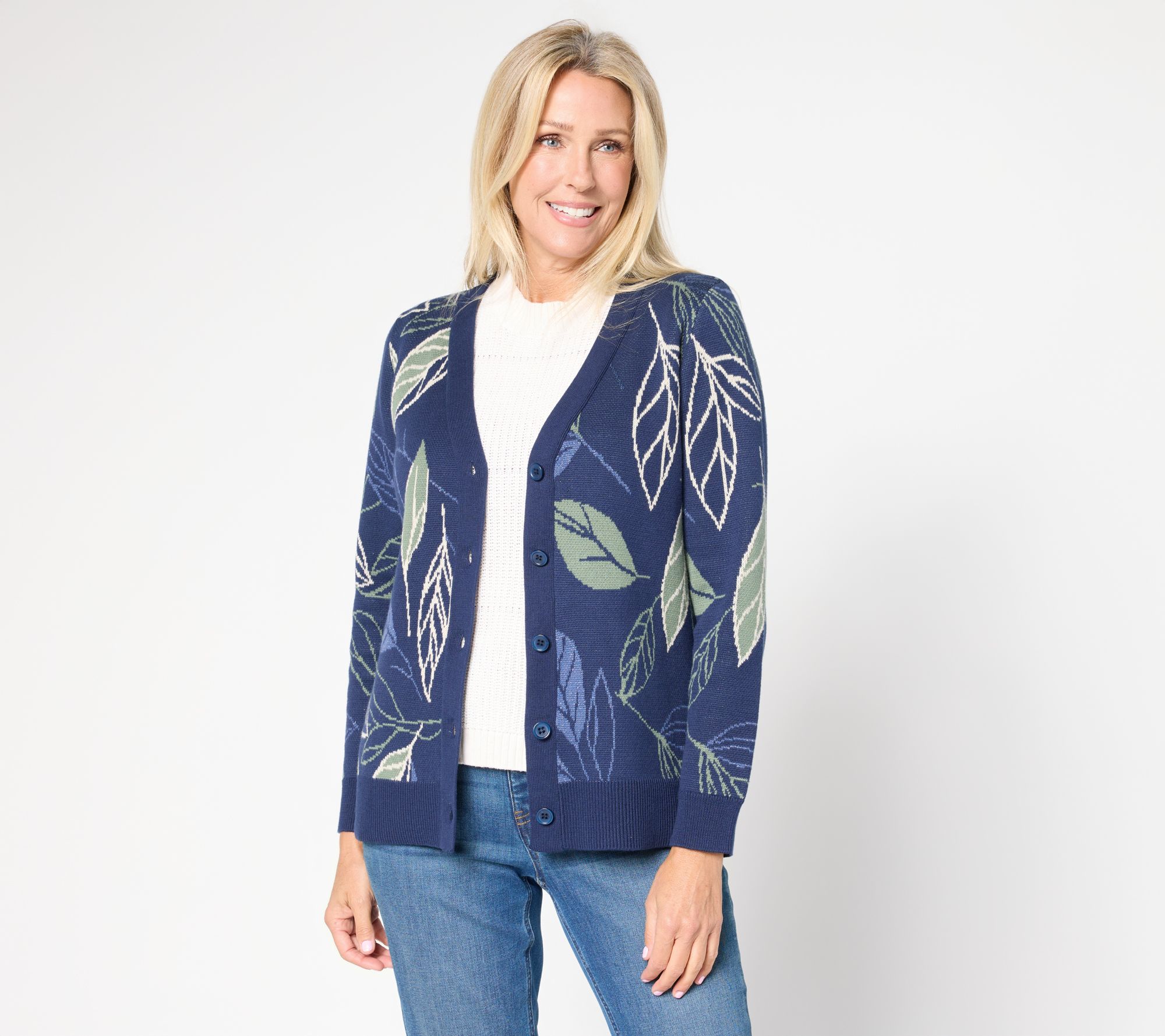 Denim & Co. Jacquard Leaf Button Front Sweater Cardigan