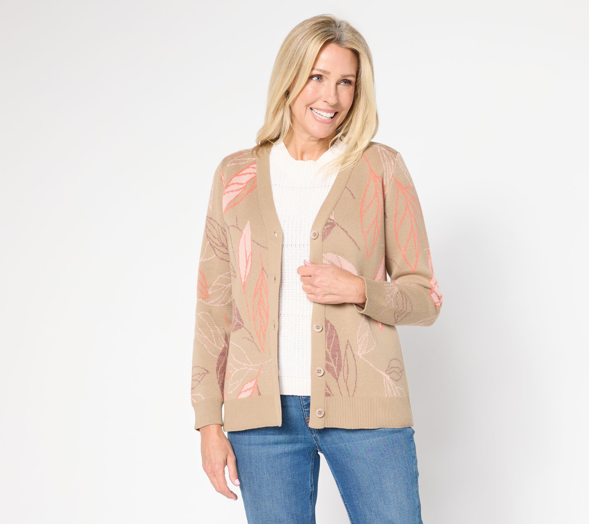 Denim & Co. Jacquard Leaf Button Front Sweater Cardigan